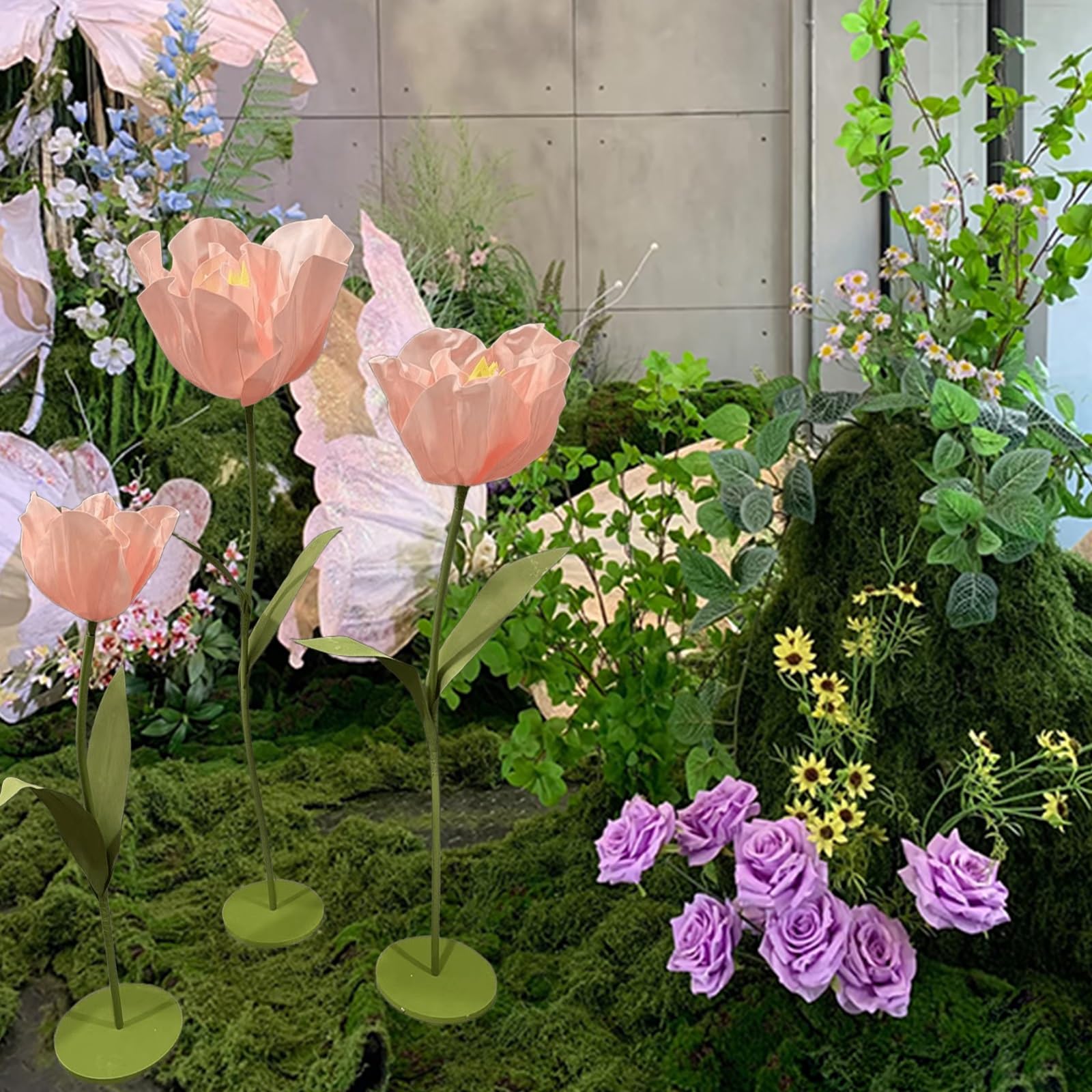 Flores Gigantes para Decoracion - Juego de 3 tulipanes artificiales de EVA impermeables con tallo flexible y base para bodas, recepciones, cumpleaños, Pascua, día de la madre
