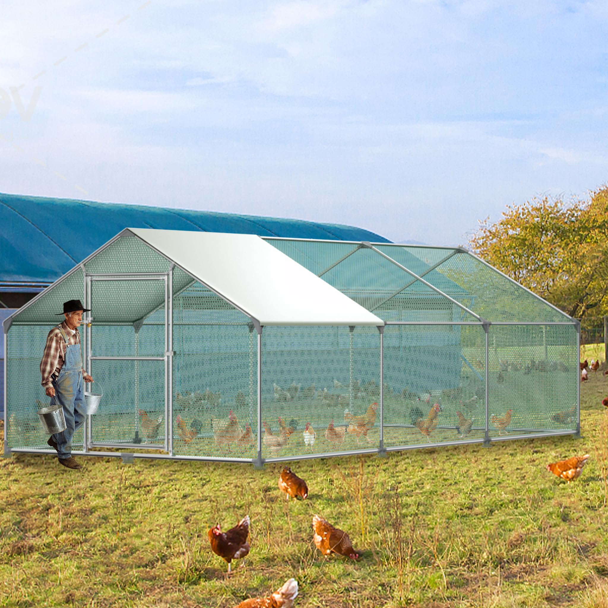 Froadp Gallinero Exterior Grande Jaula Gallineros de Metálica Cercado Exteriores con PE Techo de Protección Solar y Candado Jaulas para Gallinas Animales Conejos Pequeños Aves (3x6x2m, 18㎡)