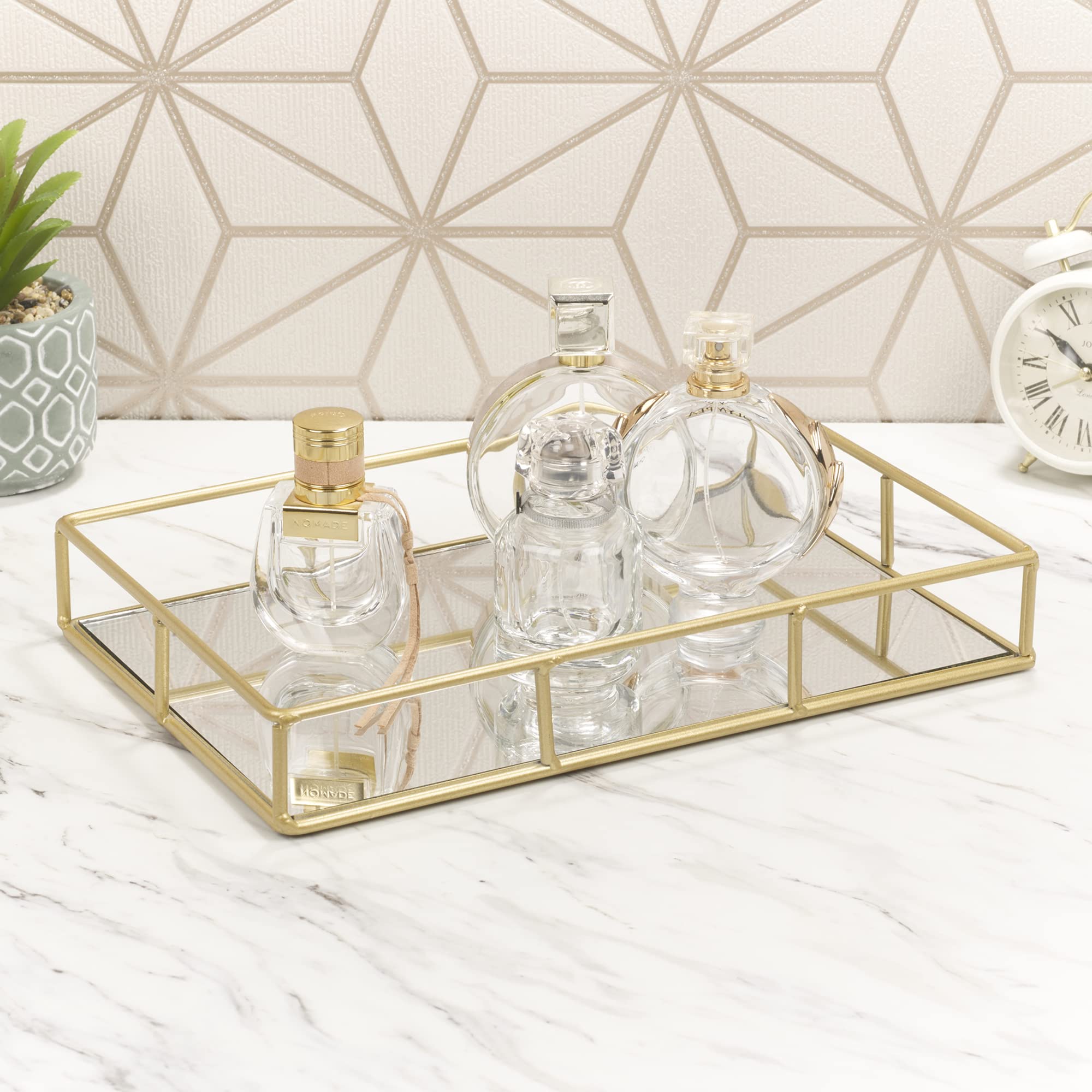 Urbnliving Gold Set Of 2 Metal Decorative Mirror Trays Vanity Perfume Decor Candle Holders (Rectangle)