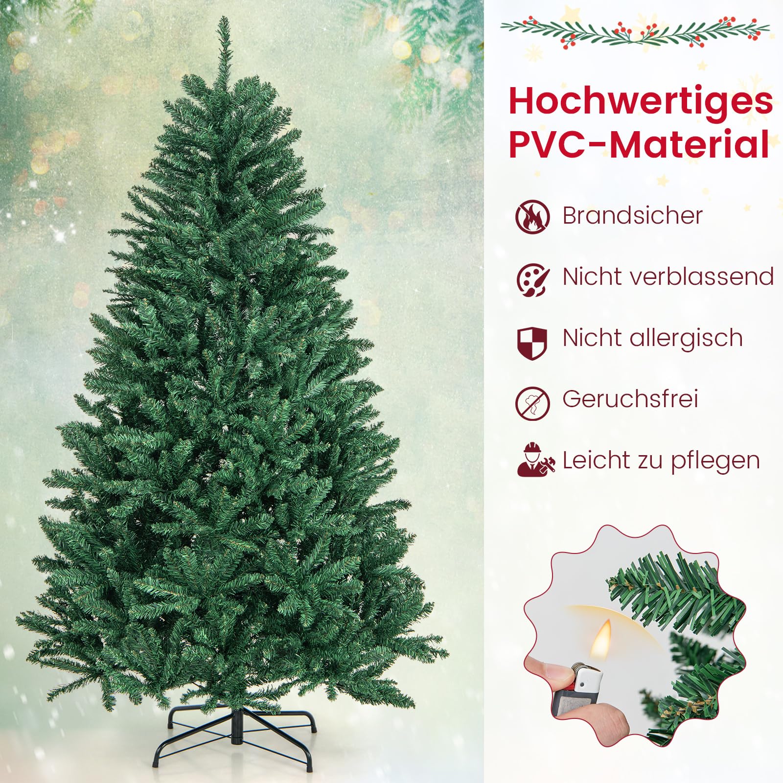 COSTWAY Kunstkerstboom met sneeuw en warmwitte ledverlichting, 180/225