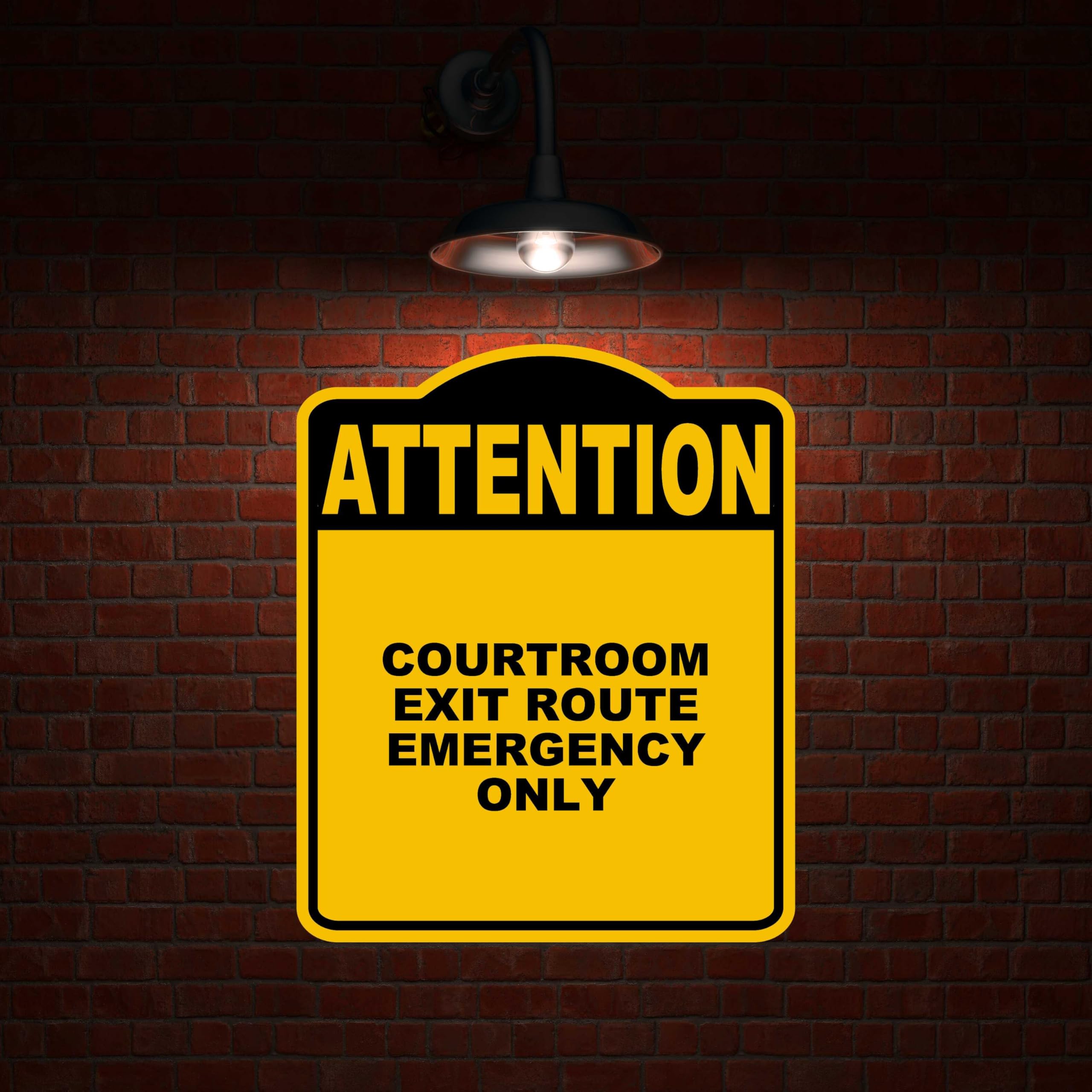 COURTROOM EXIT ROUTE EMERGENCY ONLY Attention Yellow Black Aluminum Composite Sign 8.5 x 10 inches