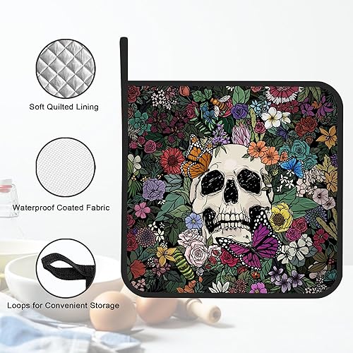 Miniatura 3 de Juego de 2 soportes para ollas, diseño gótico de flores de calavera, resistentes al calor, para barbacoa, cocinar, hornear, comida caliente para