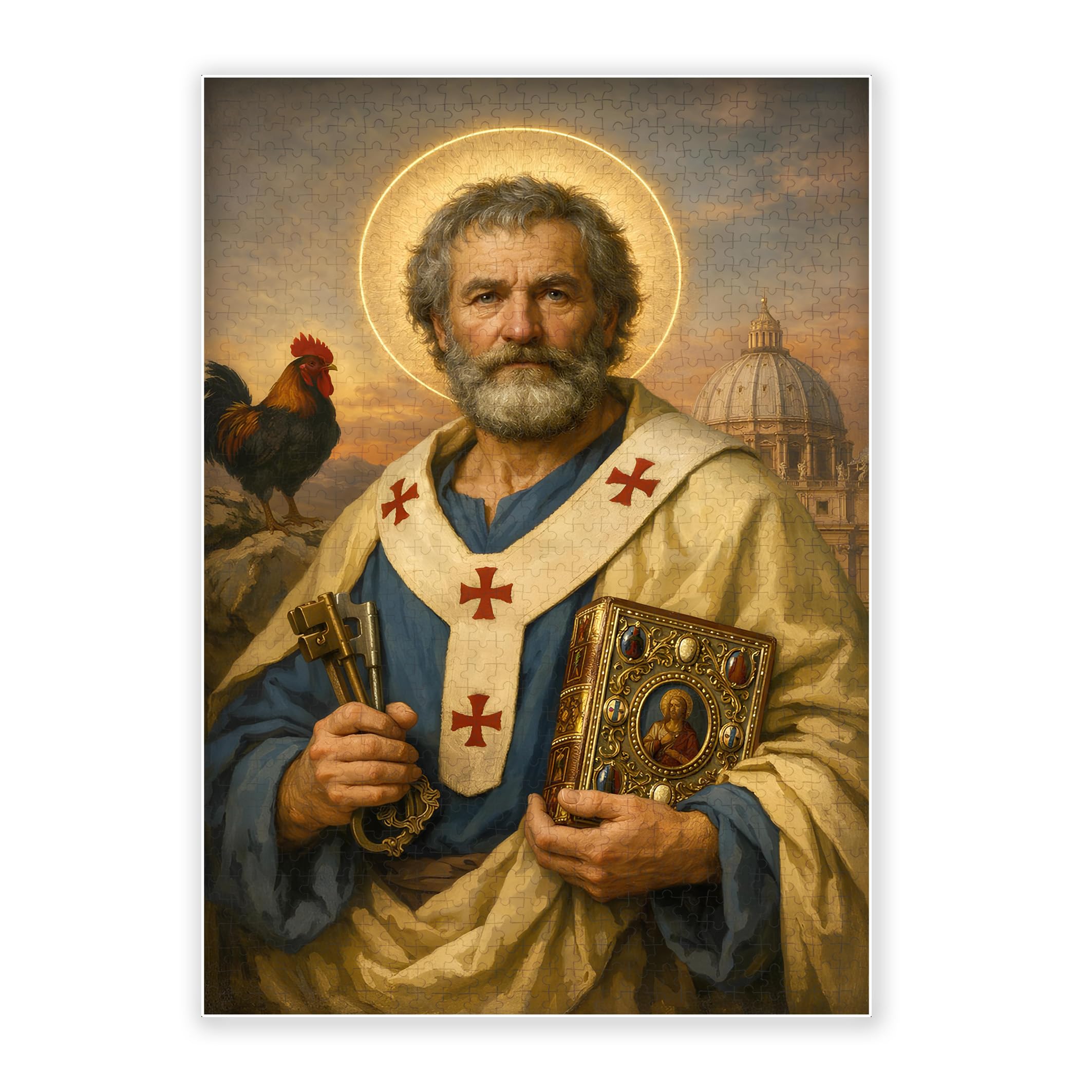 1000-Piece Adult Wood Jigsaw Puzzle, Classic Antique Oil Painting Saint Peter Keys Bible Rooster Vatican Dome Religious Art, High-Difficulty Stress-Relieving Family Decor Eco-Friendly, 29.5x19.7in