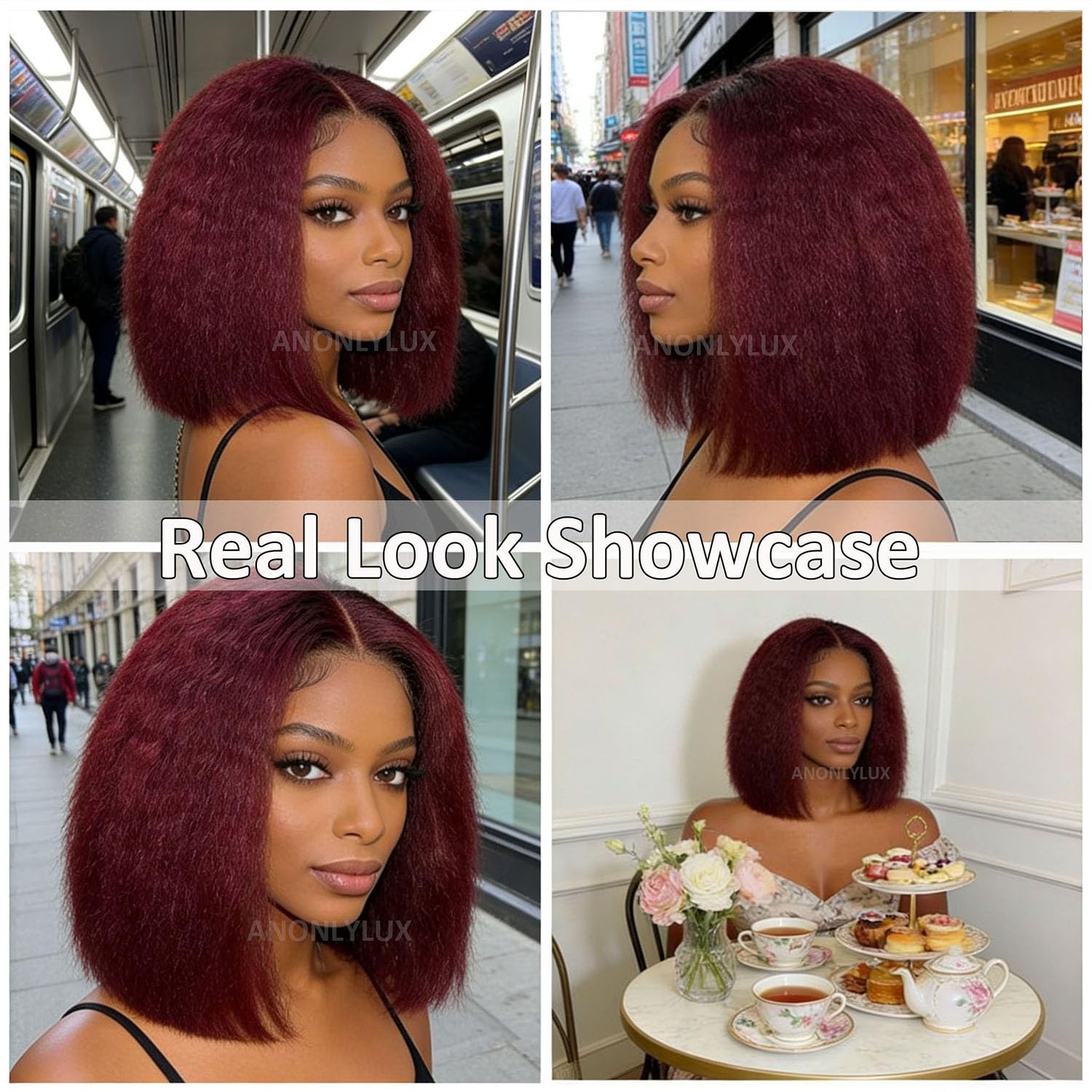 99J Burgundy Yaki Straight Bob Wig Human Hair Kinky Straight Lace Front Wigs Human Hair Pre Plucked with Baby Hair Pre Cut Lace Wig Short Wine Red Blunt Cut Bob Wigs 12 Inch