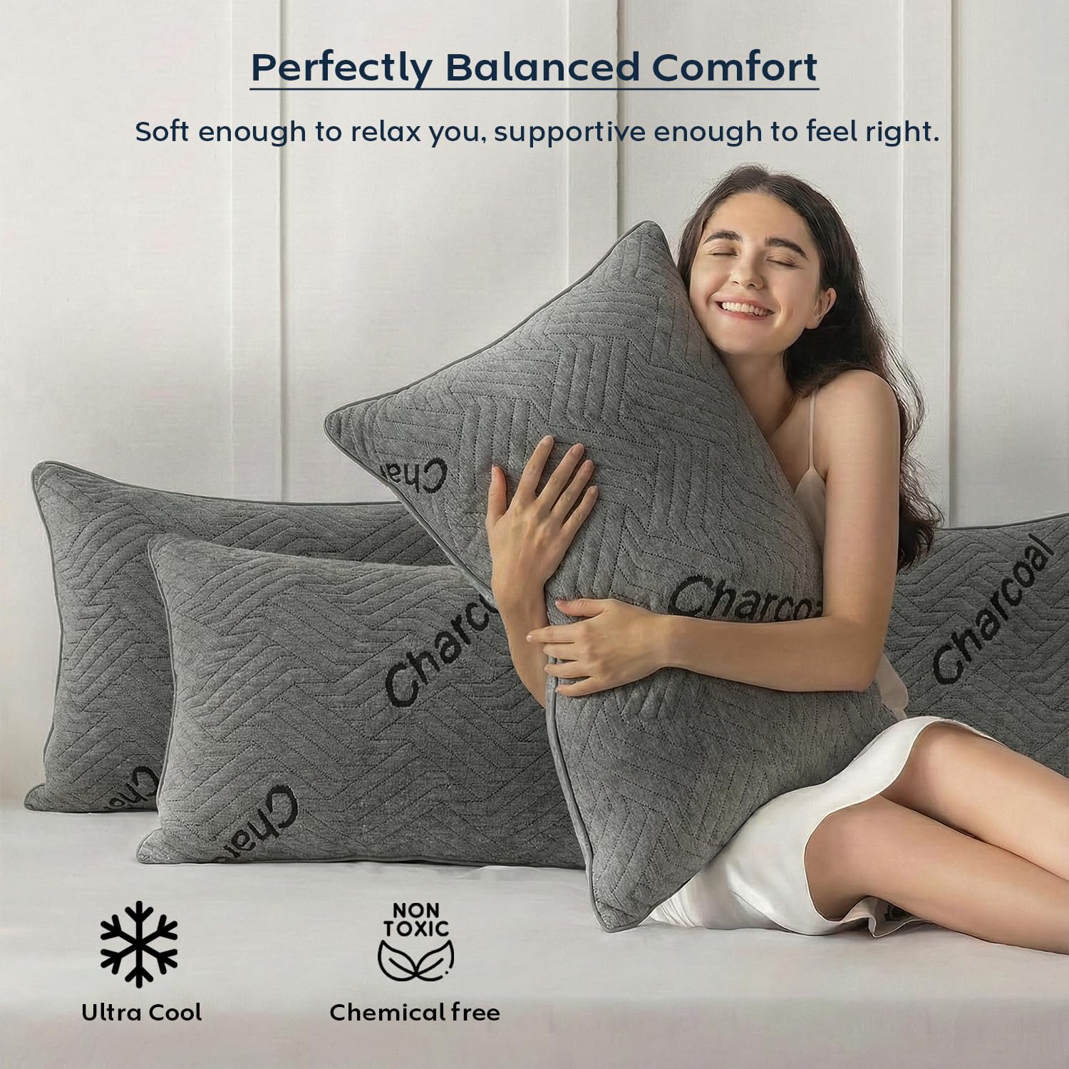 AYKA Premium Charcoal Pillow for Sleeping | Super Soft & Fluffy Bed Pillow | 100% Virgin Microfiber Filling | Breathable | Ideal for All Sleeping Positions | 17x27 Inch | Grey | Pack of 2 4