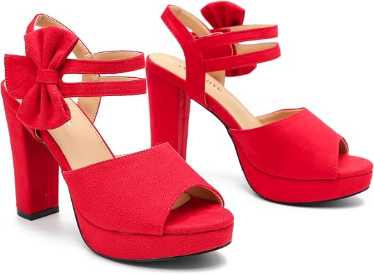 fereshte Women's Bow Peep Toe Platform Sandals, Chunky Heel, Ankle Strap, 4 Inch Heel Slingback Dress Shoes