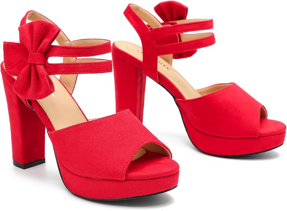 fereshte Women's Bow Peep Toe Platform Sandals, Chunky Heel, Ankle Strap, 4 Inch Heel Slingback Dress Shoes