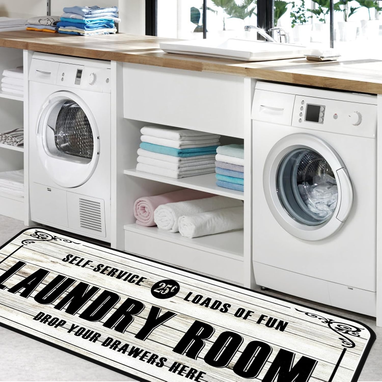 White-2 Farmhouse Laundry Room Rug Runner, Non-Slip Rug, Floor Mat, Waterproof Runner for Living Room, Kitchen, Bathroom, and Mudroom Decor 20''x59''
