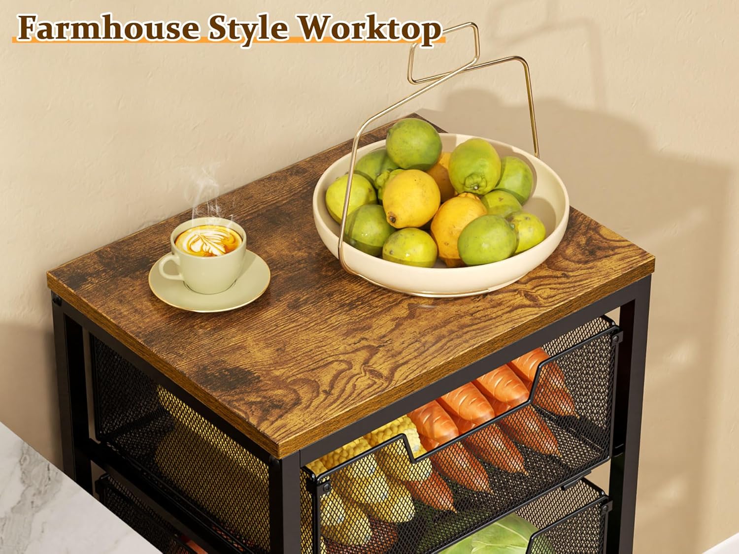 Kitchen Rolling Cart with Drawers, 4-Tier Fruit Vegetable Storage Cart on Wheels with Wooden Top, Kitchen Rolling Storage Rack to Storage Cans Snacks and Potato for Kitchen，(Patent Pending)