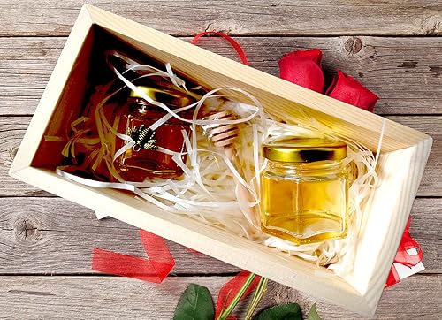 Vista 19 de Pote de miel, tarros de miel de vidrio, pequeños frascos de miel con cubos de madera, abalorios de abeja, bolsas de regalo doradas y tapas de yutes
