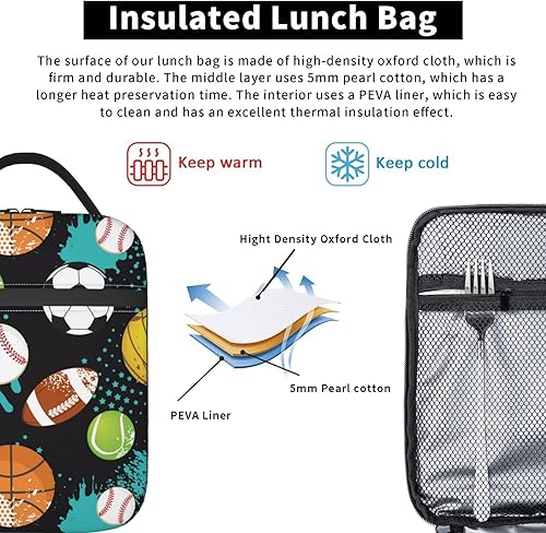 Miniatura 5 de Divertida bolsa de almuerzo deportiva para baloncesto, fútbol, fútbol, béisbol, reutilizable, aislada, portátil, para niños, escuela, hombres,
