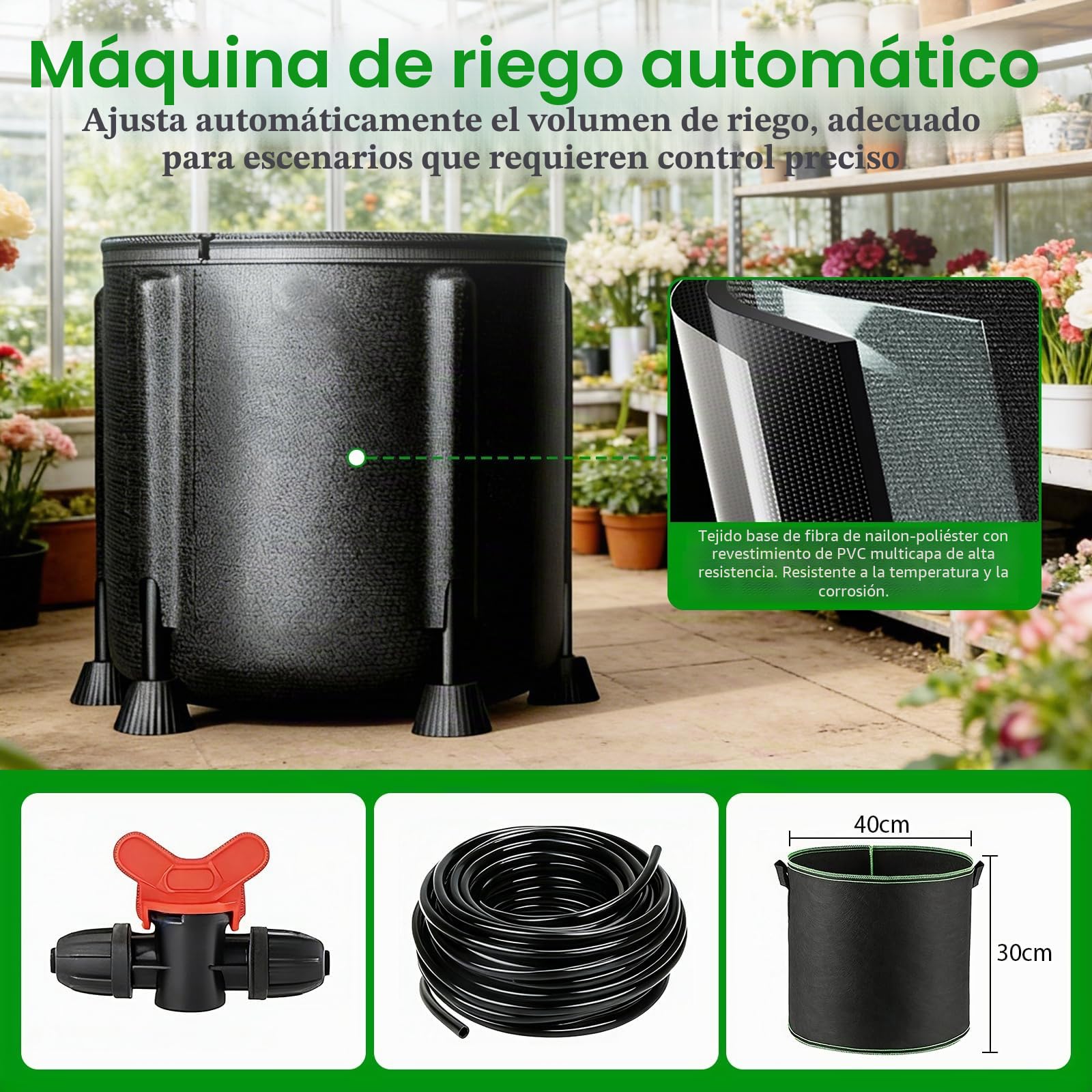 Sistema de riego automático, kit de riego por goteo con bomba de agua | 15 vatios y cubo de 50 litros, 4 bolsas de cultivo de tela no tejida, sistema de riego para vacaciones para jardín, plantas