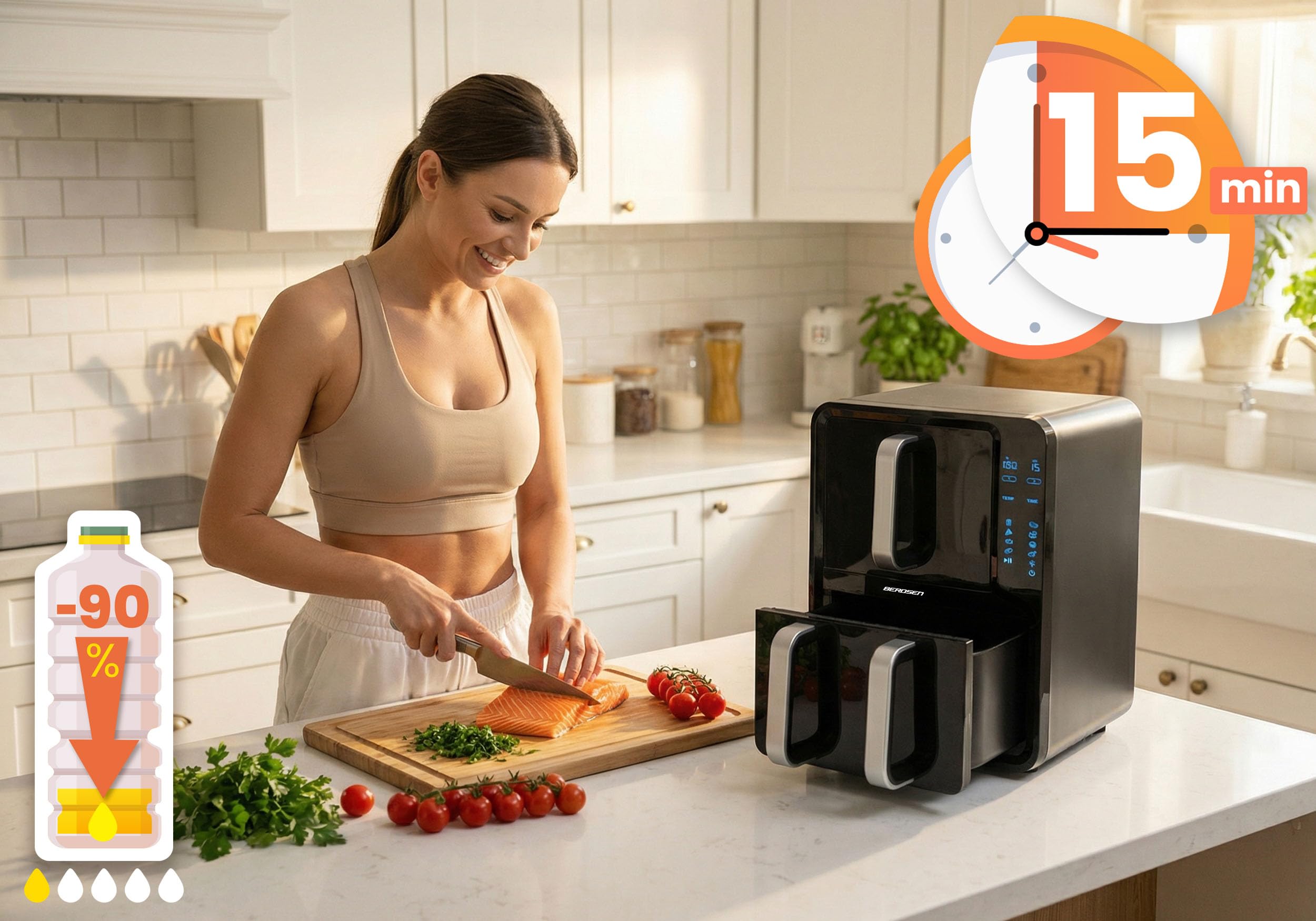 Berdsen Frytkownica Beztłuszczowa Airfryer na Gorące Powietrze 12 l - Dwukomorowa Pionowa 5 l + 7 l, 2800 W, 8 Programów, Ekran Dotykowy, Okienko LED - Pieczenie, Grillowanie i Suszenie - Czarna