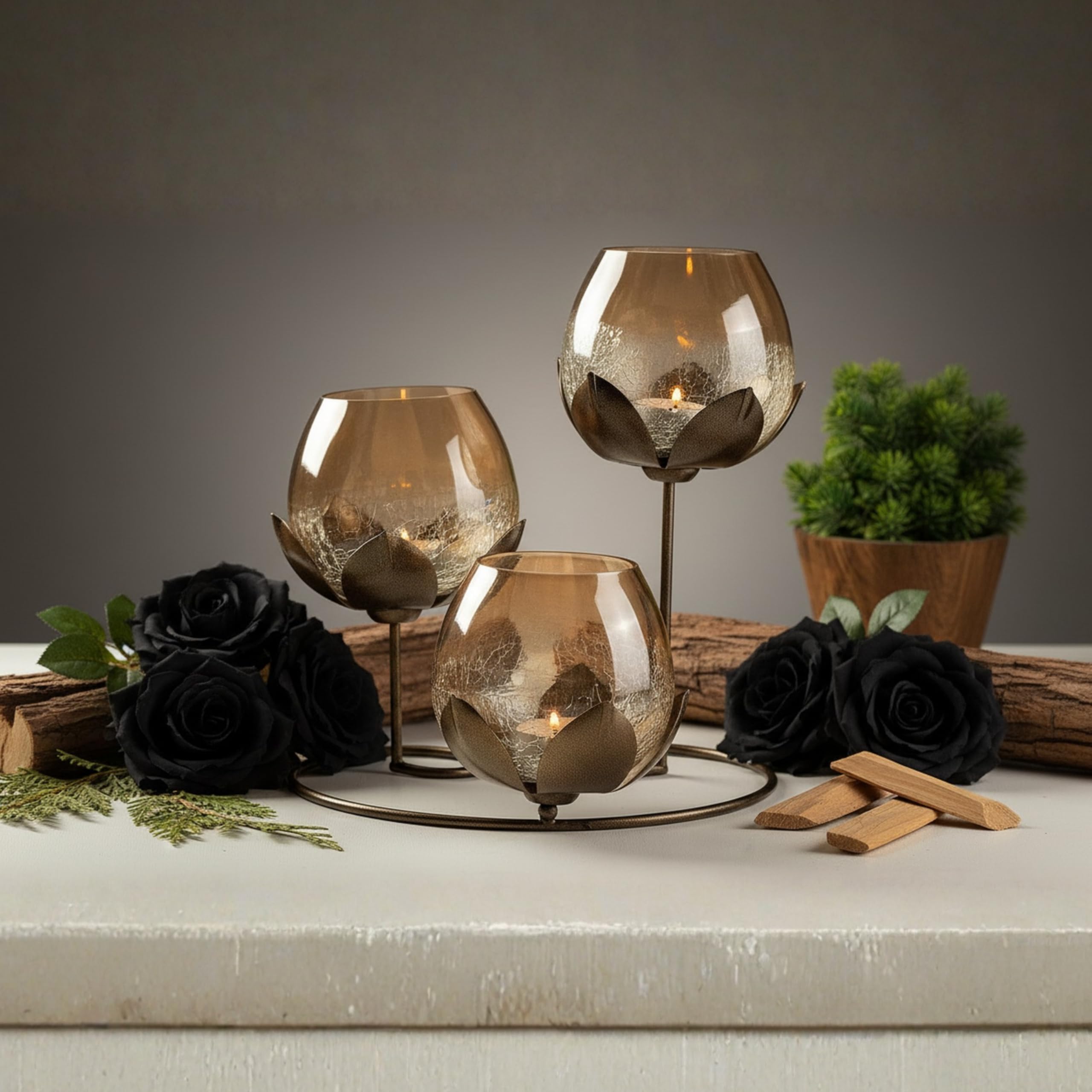 KREATIVE ART'S Lotus Candle Holder - Antique Iron Tea Light Stand for Diwali Home Table Decor & Gifts (Large)