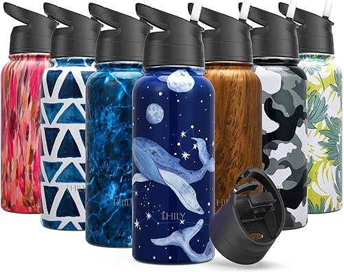 THILY Botella de agua deportiva aislada al vacío  Botella de agua deportiva de 32 onzas de acero inoxidable a prueba de fugas con tapa abatible y