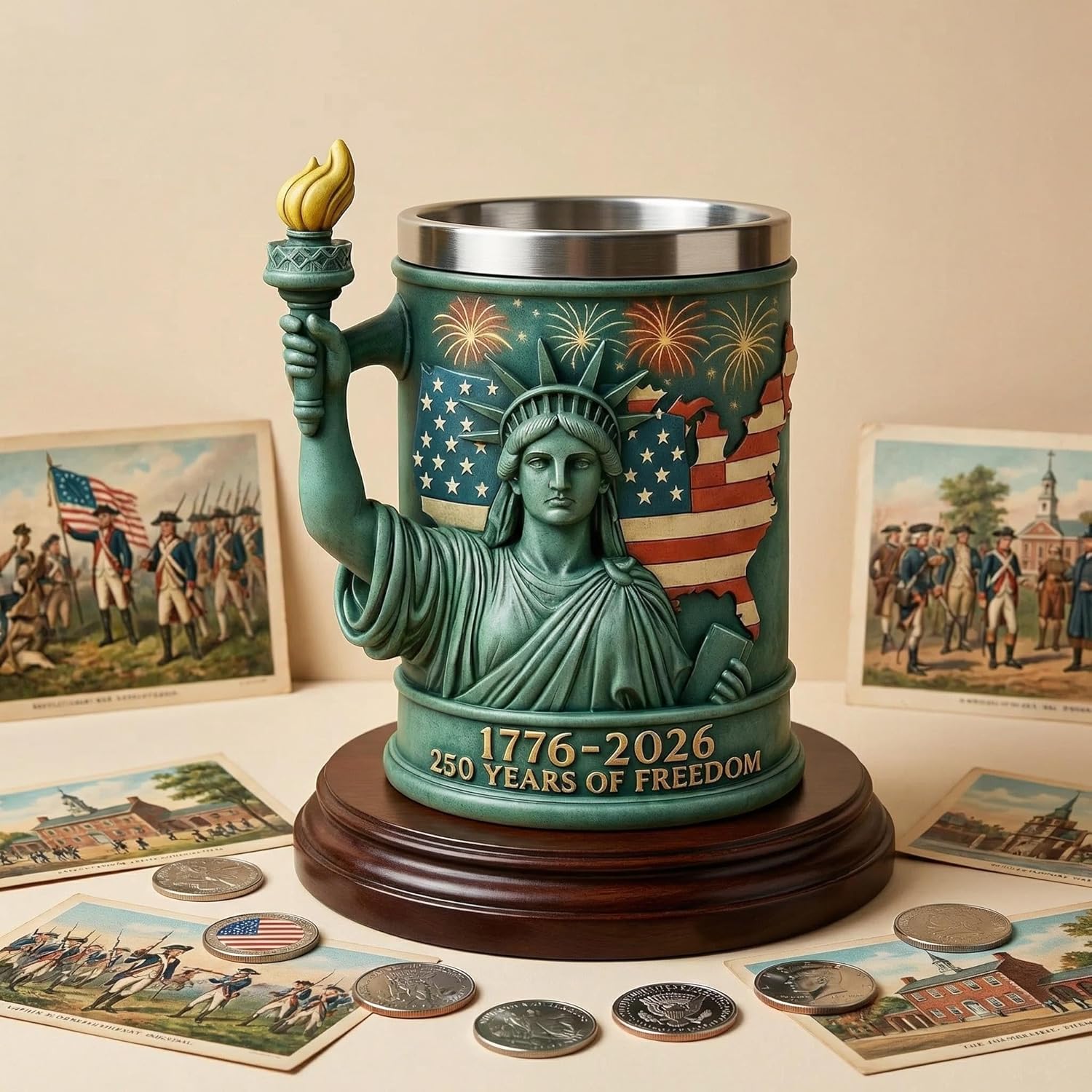250th Anniversary Statue of Liberty Mug 1776-2026, 3D Embossed Patriotic Beer Mug, USA Flag Freedom Collectible Cup, Stainless Steel Insulated Independence Day Gift for Men