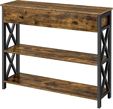 Topeakmart Wood Console Table with Drawer & Storage for Living Room, Industrial Console Table for Entryway, 3 Tier Sofa Table Hallway Table with Bookshelf, Rustic Brown