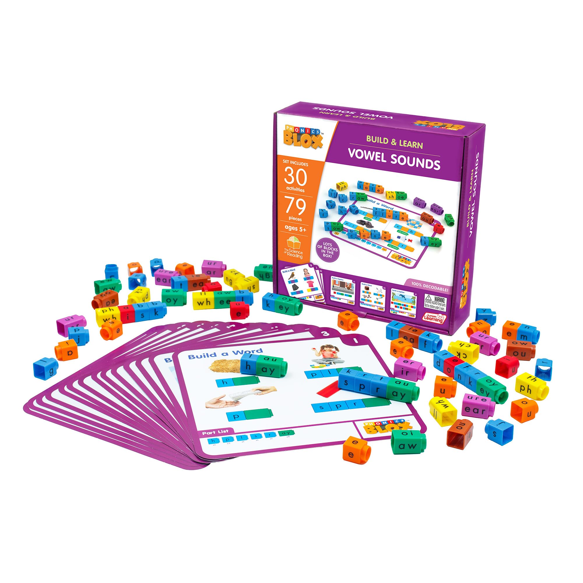 Junior Learning: Rainbow Phonics Blox: Vowel Sounds - Phase 5 - Build & Learn, 30 Activity Cards, Color Coded Blocks, Reading Development, Kids 5+