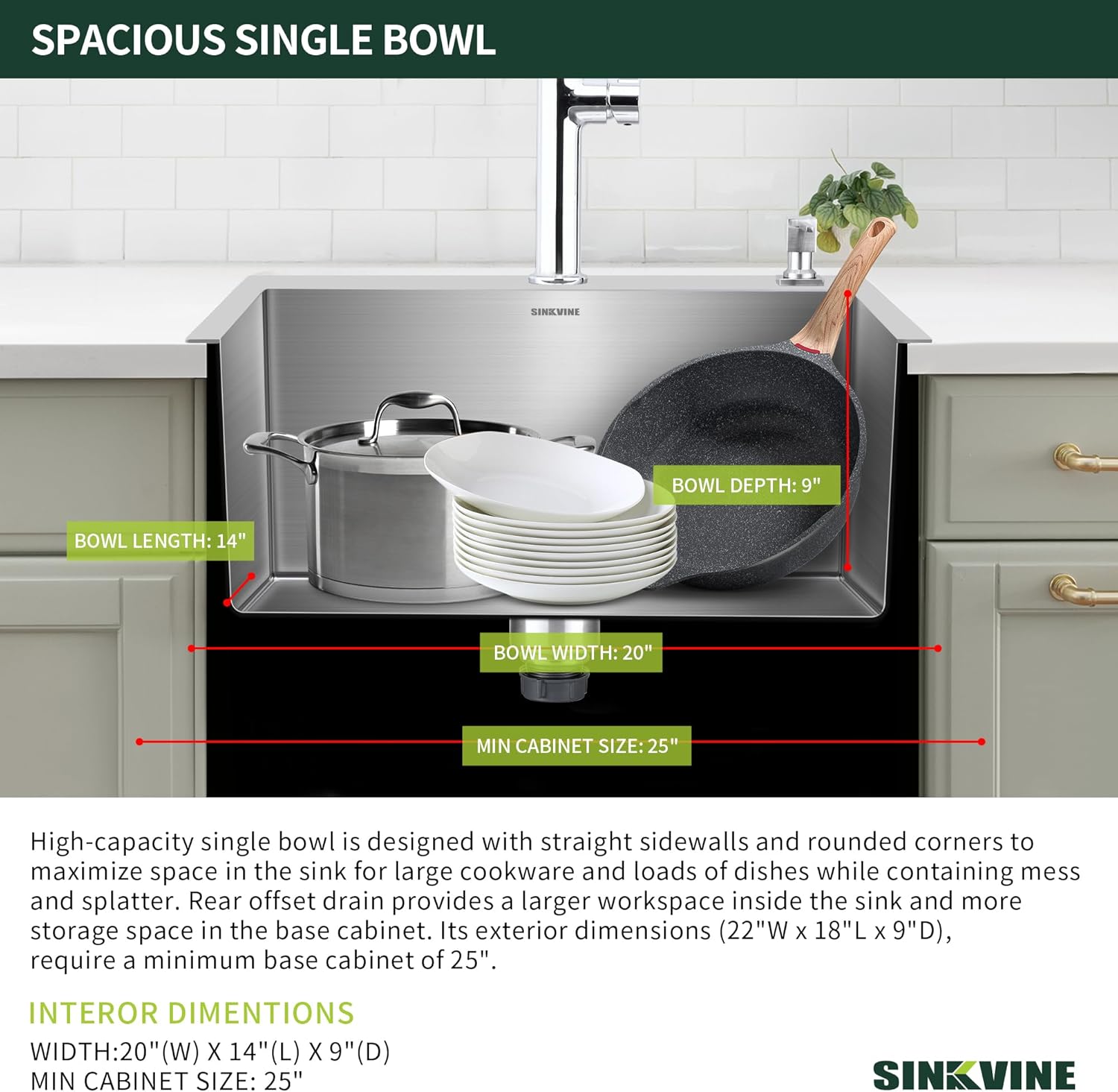 A deep single bowl sink filled with various kitchen items like a pot, plates, and a frying pan, illustrating its spacious capacity.