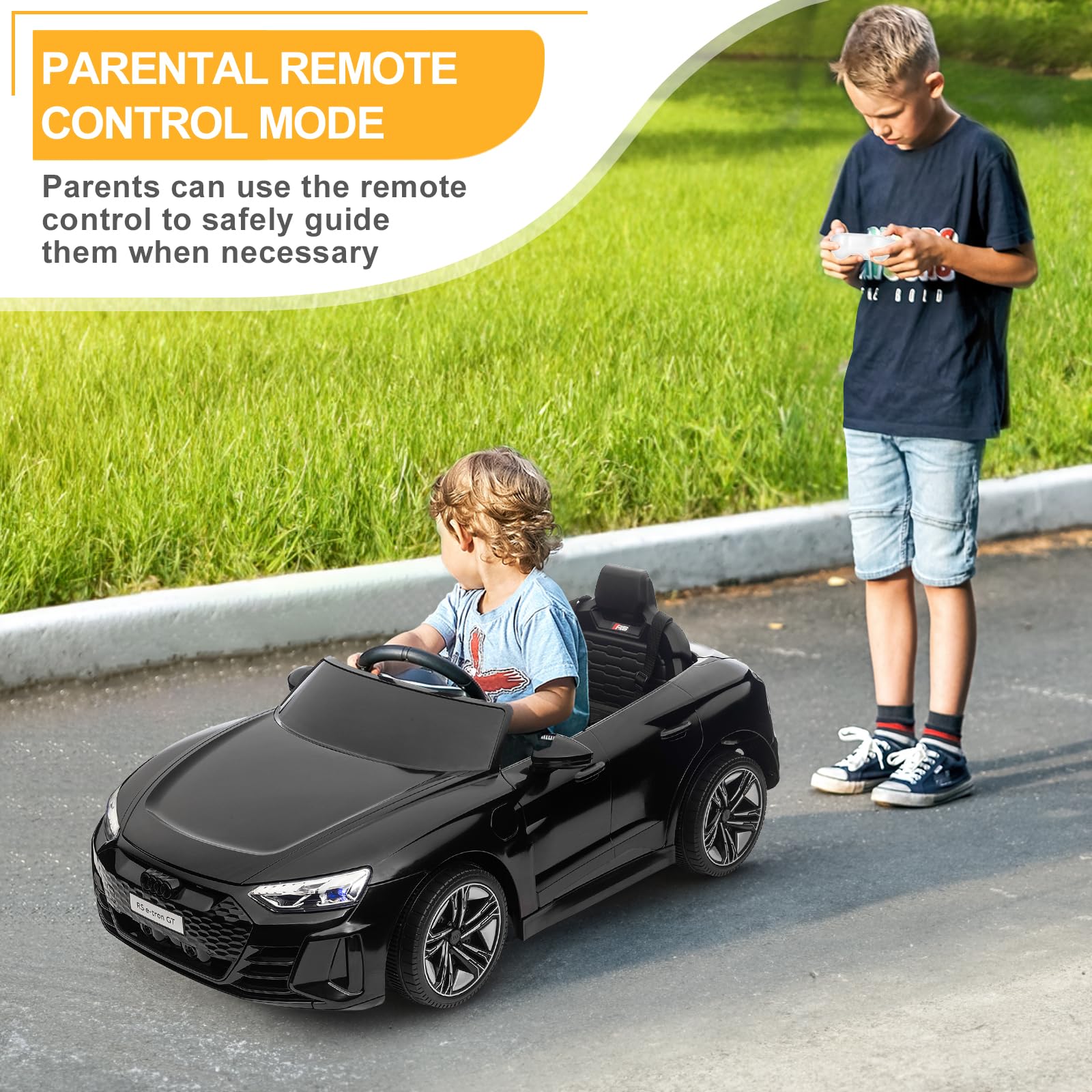 LEADZM Elektro Kinderauto 12V Kinder Elektroauto Kinderfahrzeug Schwarz | Musik & Hupe & Scheinwerfer, 3-5km/h für Kinder