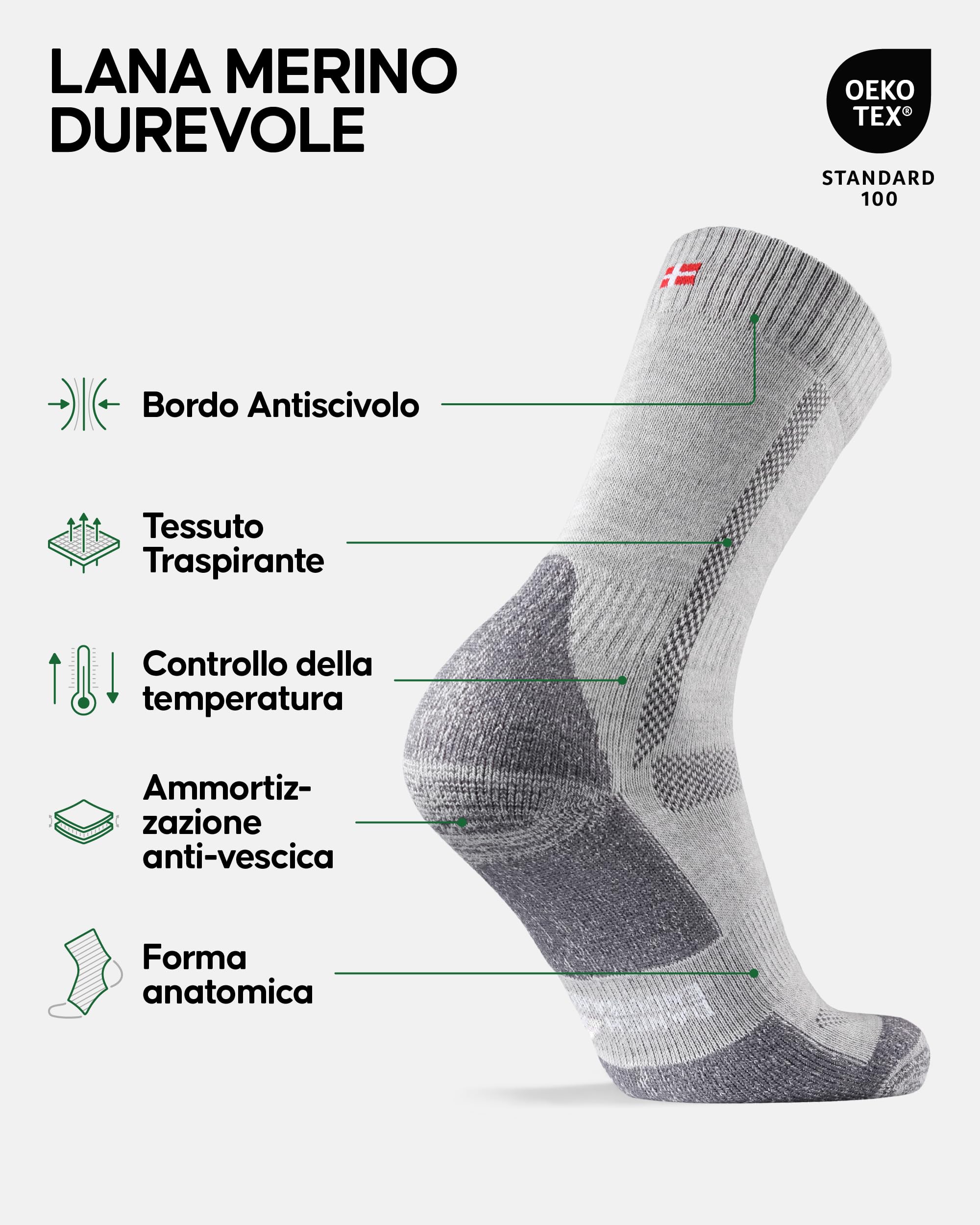 DANISH ENDURANCE Calze Trekking in Lana Merino, Anti-Vescica, Calzini Escursionismo da Uomo, Donna, Bambino, 3 Paia