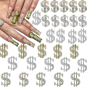30PCS Money Dollar Nail Charms Gold - Silver 3D Alloy Dollar Money Nail Art Charms with Rhinestones for Women Nails Decoration DIY Design Crystals Shiny Nail Gems Crystals Jewelry
