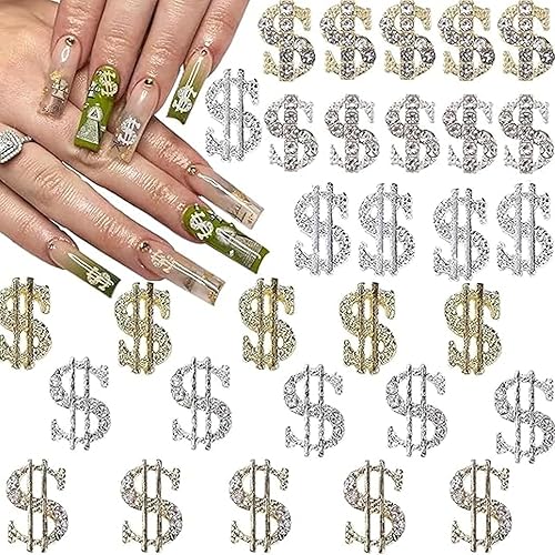 30PCS Money Dollar Nail Charms Gold and Silver 3D Alloy Dollar Money Nail Art Charms with Rhinestones for Women Nail Decoration DIY Design Crystals Shiny Nail Gem Crystals Jewelry