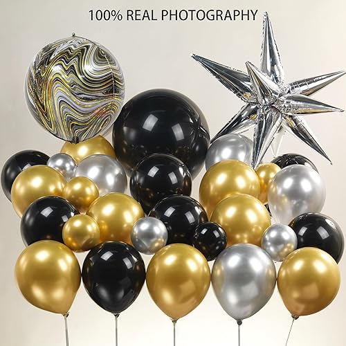 Miniatura 5 de Kit de arco de guirnalda de globos plateados negros y dorados con globos de estrella de explosión plateados para 2024, Año Nuevo, graduación, fiesta