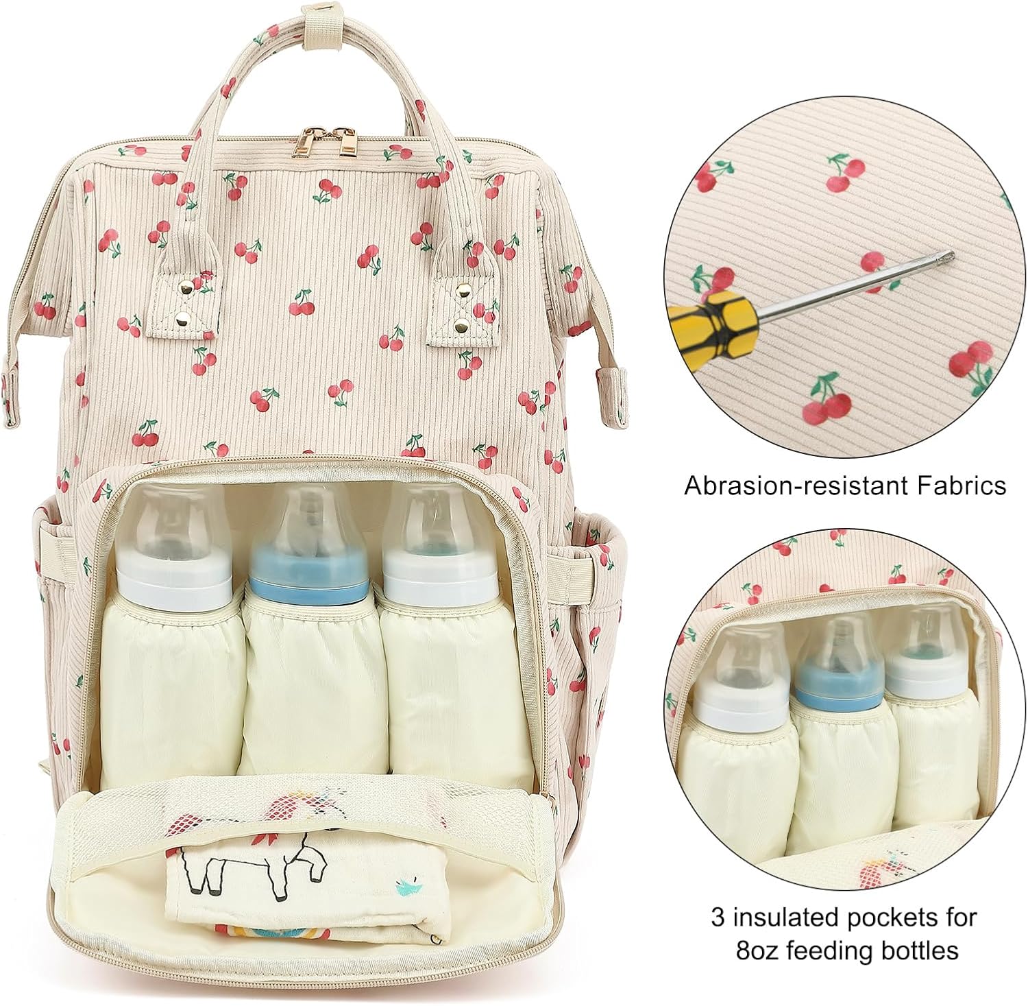 Corduroy Diaper Bag Backpack for Women, Large Capacity Baby Bag for Mom and Girls Boys with Stroller Straps (Cherry)