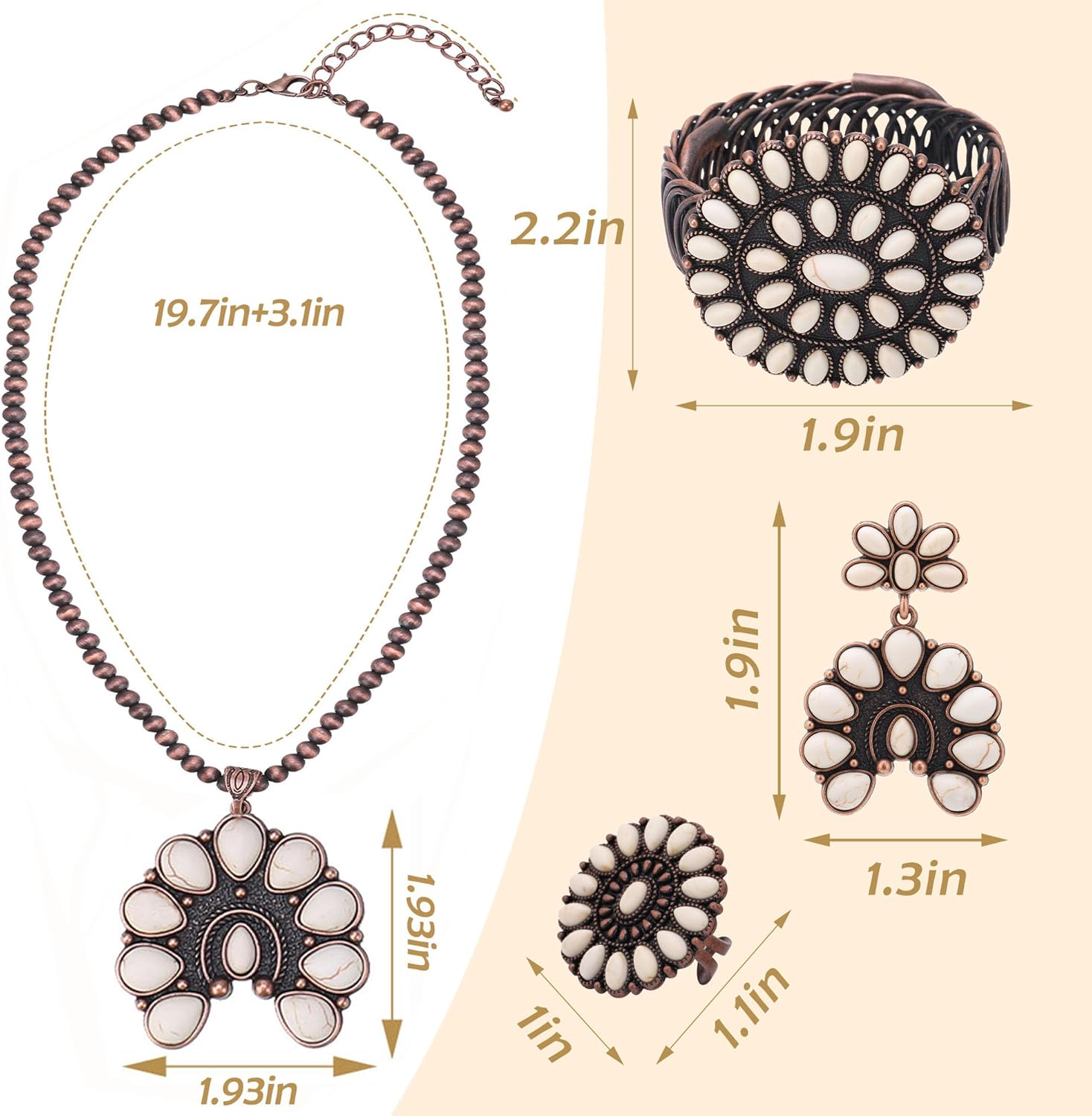 4 PCS Western Turquoise Jewelry for Women Boho Vintage Navajo Pearl Necklace Earring Bracelet Ring Set Country Cowgirl Accessories for Gift - Image 4