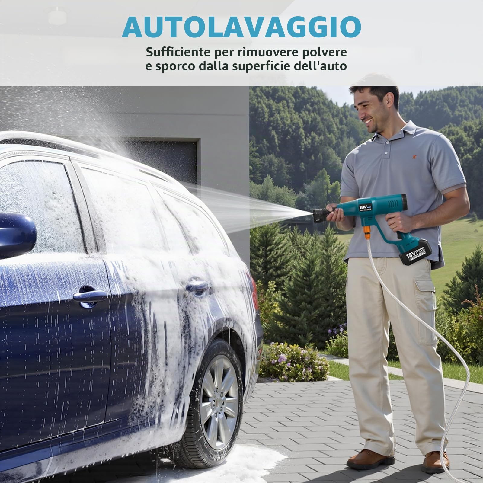 Idropulitrice per Makita-18V Batteria con Ugello 6 in 1, Tubo Flessibile da 6,5 m, Collegamento a Rubinetto e Bottiglia Diretto per Auto/Giardino/Pulizie Esterne (Senza Batteria)