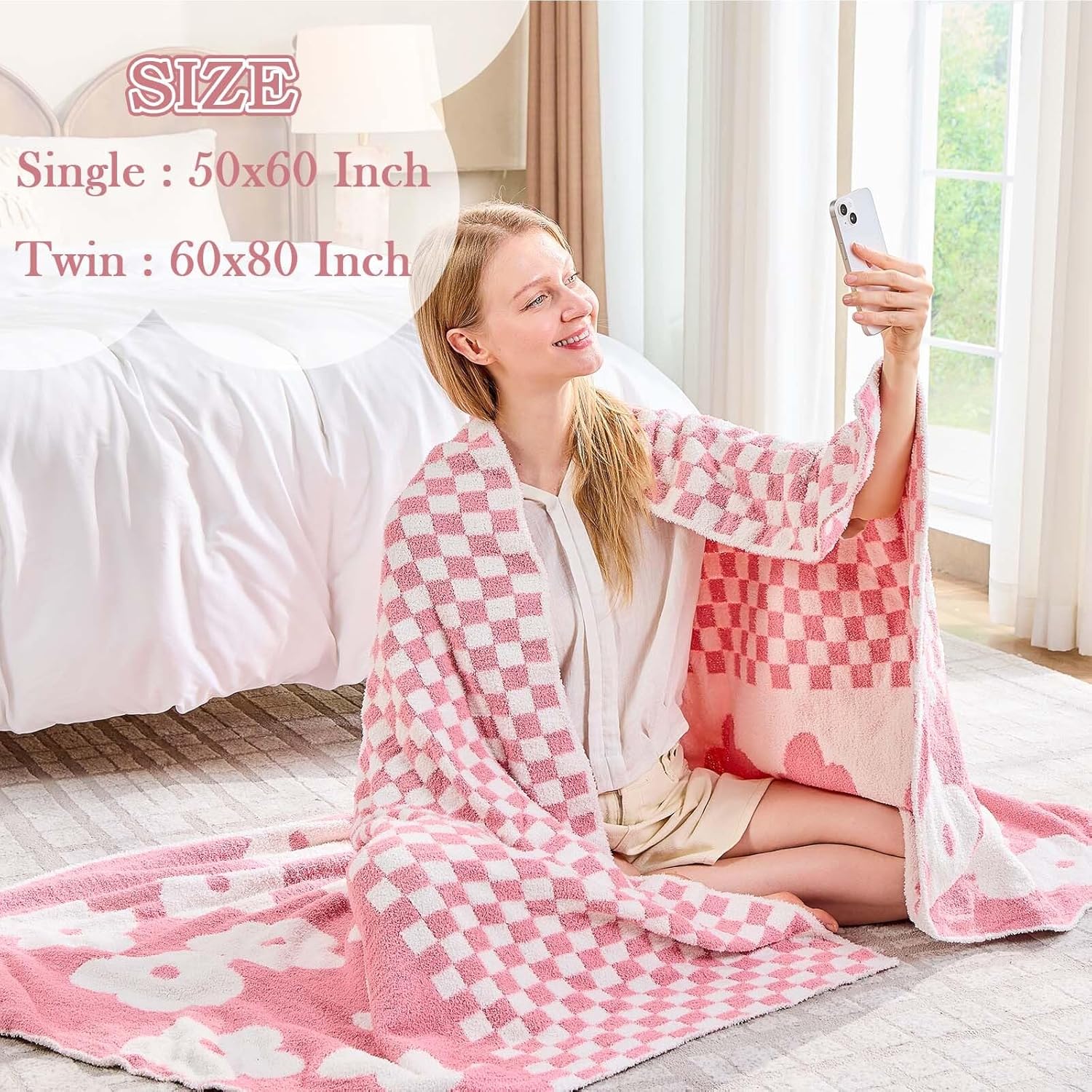 Checkered Throw Blanket, Dusty Pink Flower Blanket for Couch, 50"x60" Soft Plaid Knit Blanket for Home Decor, Reversible Checkerered Blankets for Sofa, Chair, Bed - Image 4