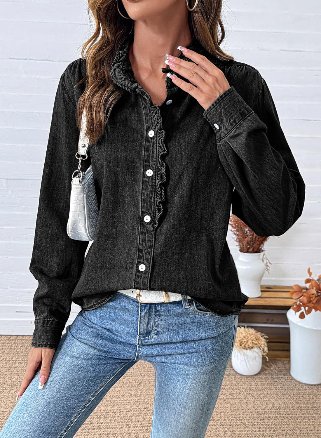 Sidefeel Womens Denim Shirt Button Down Long Sleeve Ruffled Edge Jean Blouses Tops - Image 5