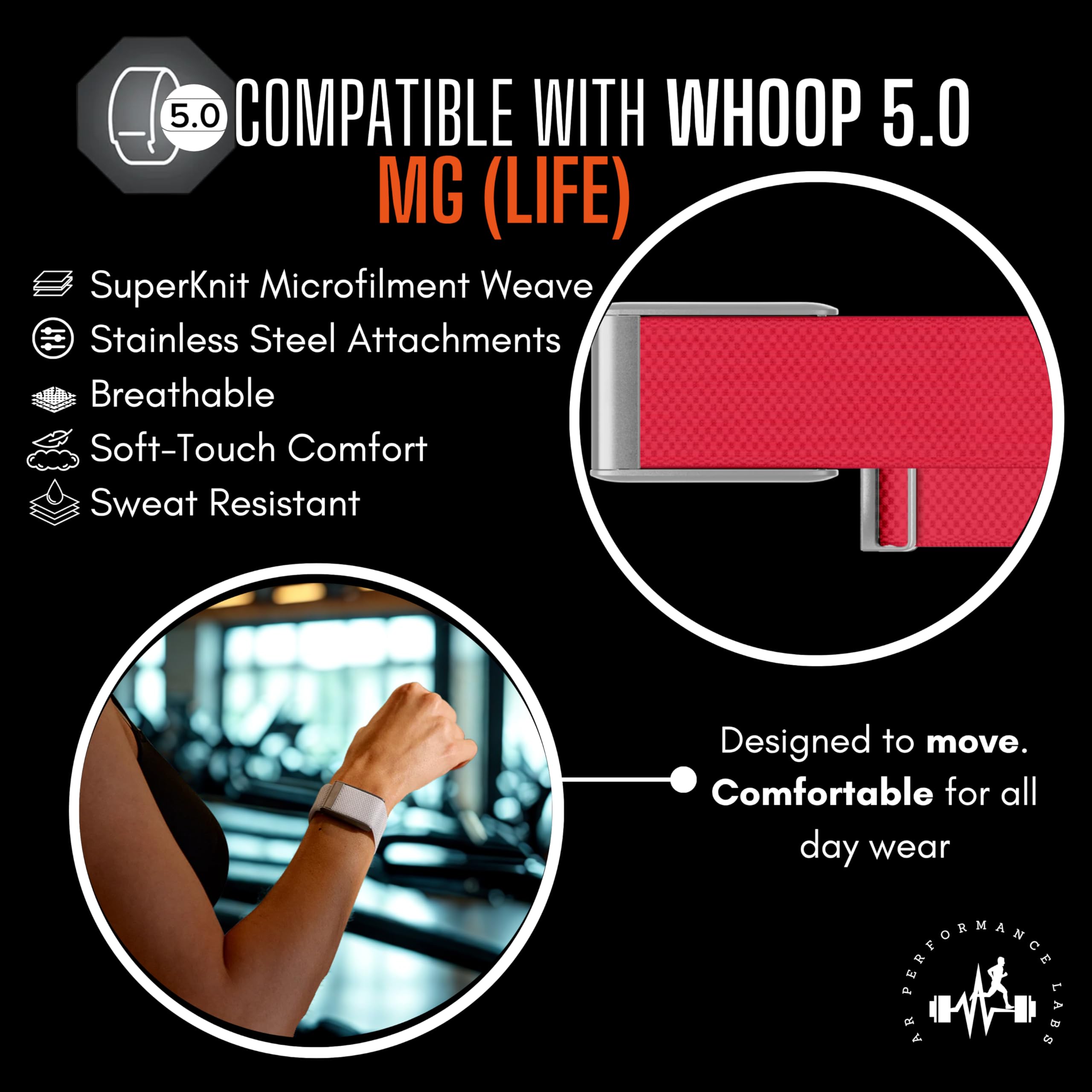 AR LABS Whoop 5.0 - Correa compatible con MG (LIFE) SuperKnit | Tejido de microfilamento ultrasuave | Herrajes de acero inoxidable