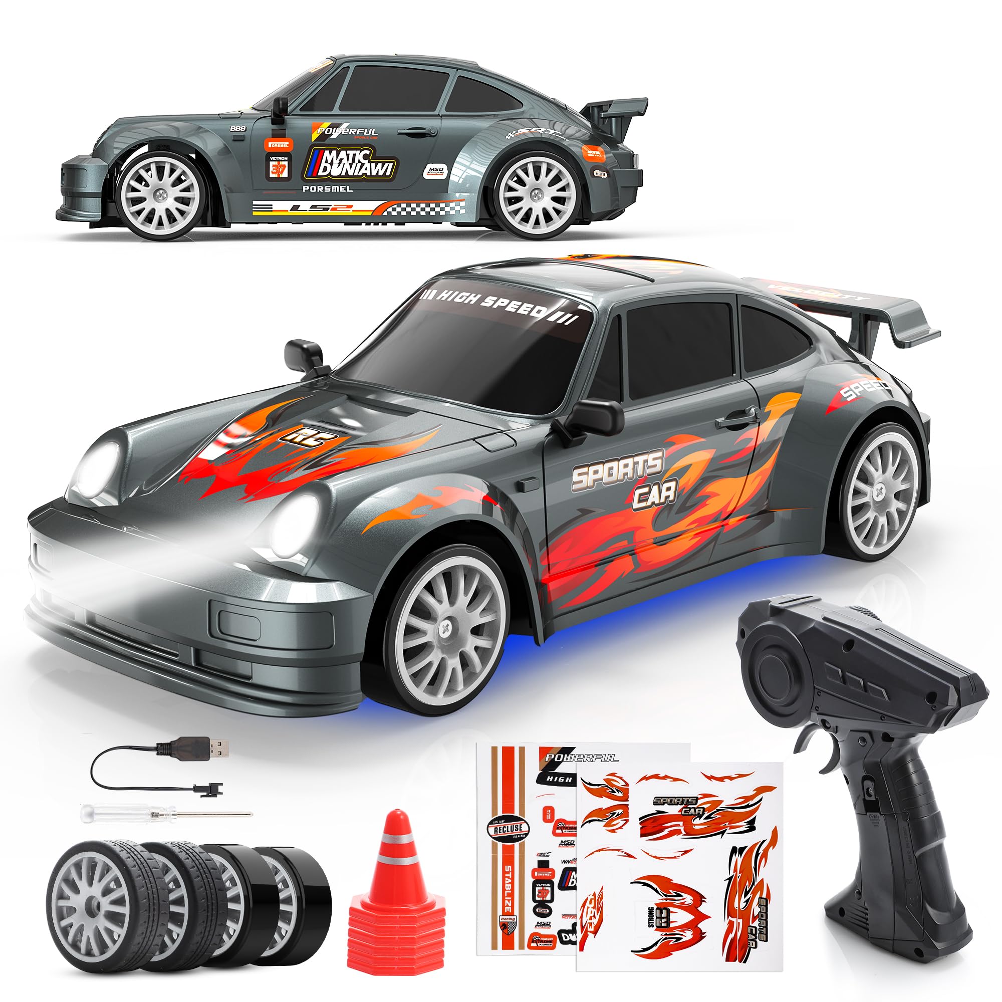 HappyGoLucky Coche RC Drift Car, Coche Teledirigido Drift con Luces LED, 2.4 GHz, 10-15KM/H, 4WD 1:24 Mini Drift Car Juguetes Niños 3-12 Años para Adultos - Regalo Navidad Niño