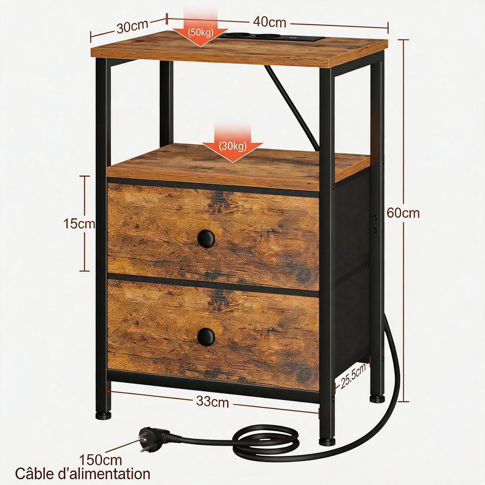 AMHANCIBLE Tables de Chevet avec Prises, Tables de Nuit avec 2 Tiroirs de Rangement en Tissu, Table d’Appoint Industrielle avec Prises USB pour Chambre à Coucher, Salon, Marron HETS020BR-1