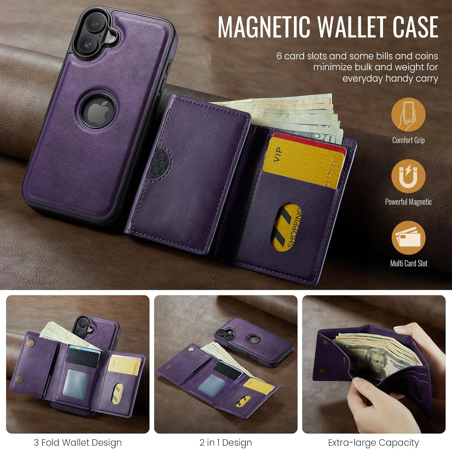 Asuwish Phone Case for iPhone 16 6.1 inch Wallet Magnetic Detachable Cell Cover with Wireless Charging and RFID Blocking Credit Card Holder Flip Stand Kickstand i Phone16 i16 16Case Women Men Purple