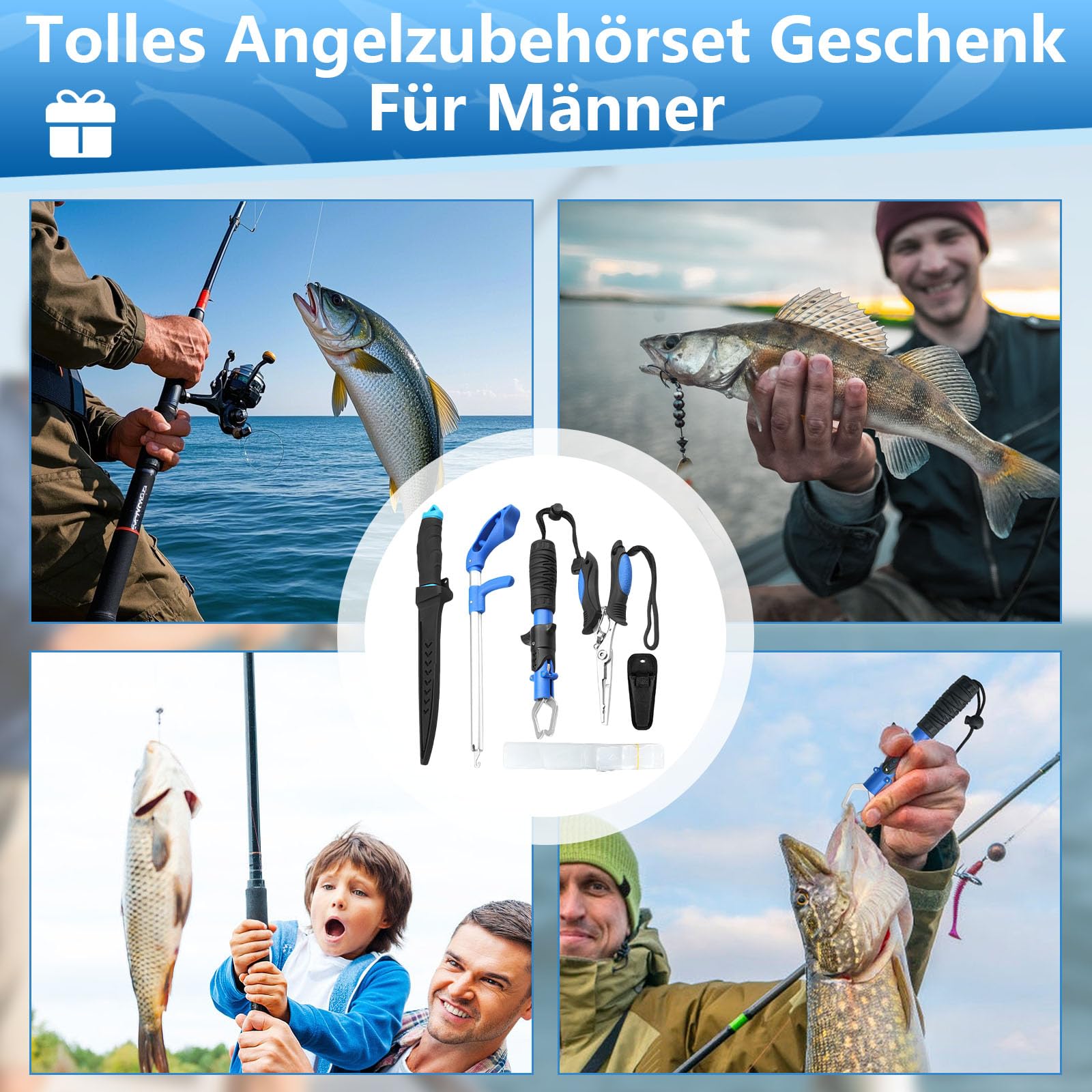 Angelzubehör Set mit Angelbox,Angelzange,Angelmesser,Fischgreifer und Hakenlöser,6 Sets Multifunktionale Angel Werkzeug Set für Süß & Salzwasserangeln,Perfektes Angeln Zubehör für Anfänger & Profis