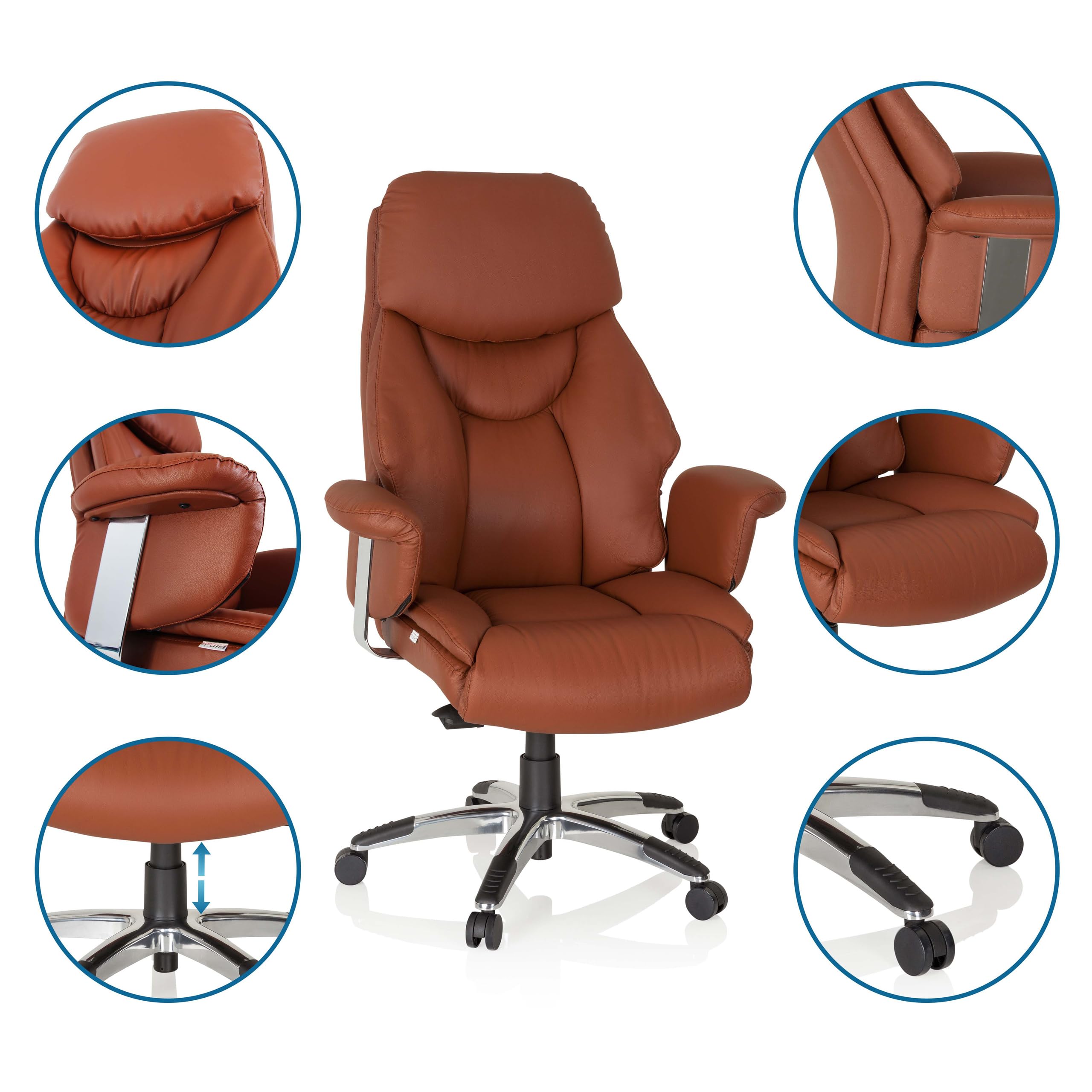 hjh OFFICE 608220 XXL Chefsessel Prado Echt Leder Braun Bequemer Bürosessel mit Dicker Polsterung, hohe Rückenlehne