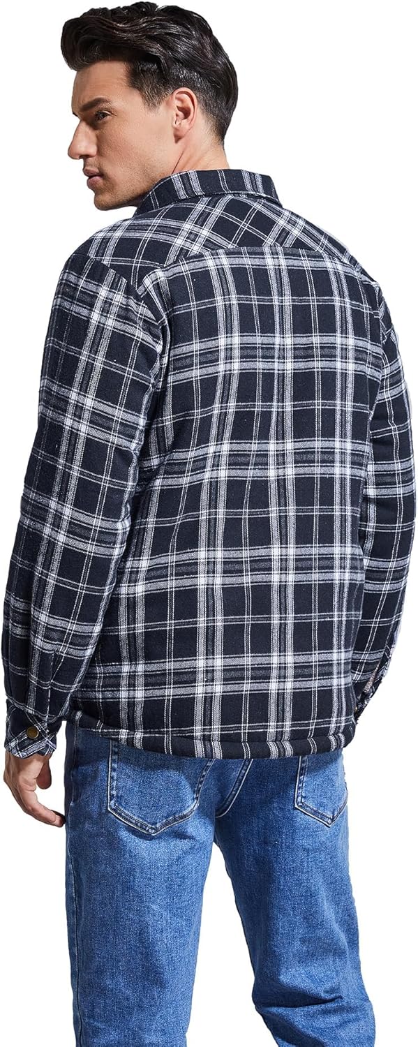 Men's Sherpa Lined Cotton Flannel Shirt Jacket Plaid Button Up Jacket Coat for Men with Pocket - Image 5