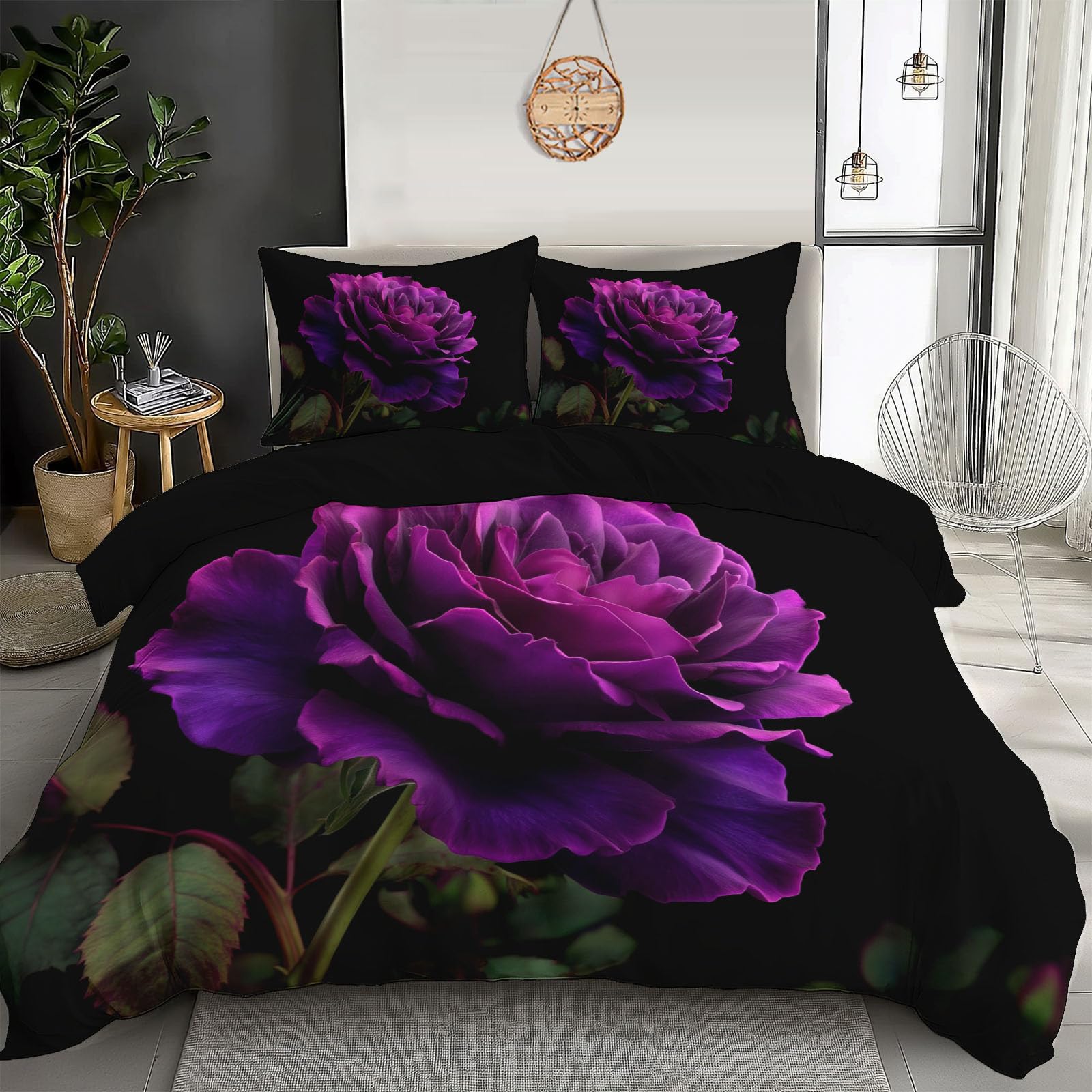 Parure de lit douce housse de couette 240x260cm design plantes 3D violette