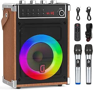 JYX Karaoke Machine with Two Wireless Microphones, Bass/Treble Adjustment and LED Light, Support TWS, AUX In, FM Radio, REC, Supply for Party/Meeting/Wedding - Wood Grain