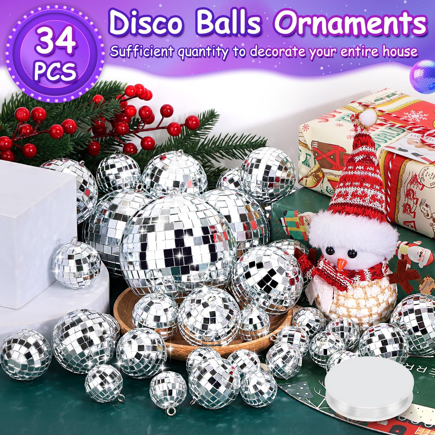 Jupwalz 34 Pcs Disco Balls with Hanging Line, 6 Sizes Mini Disco Balls Decor (3.9-1.2 in) Different Assorted Sizes Mirror Disco Ball Ornaments for Christmas Tree, Discoball Party Decoration, Wedding