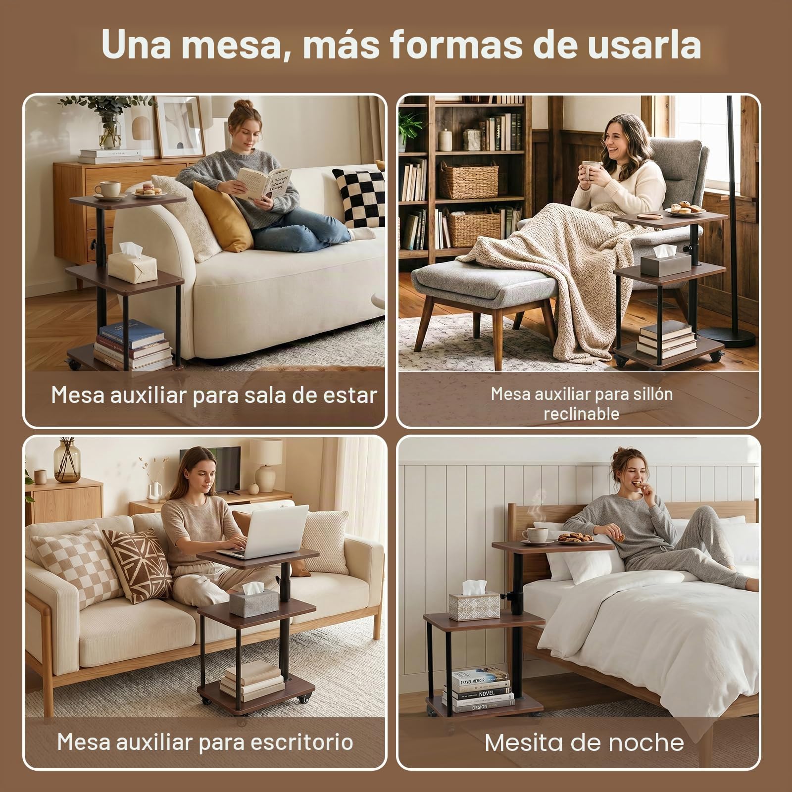 Mesa auxiliar con ruedas, mesa auxiliar sofá ajustable en altura 47-71 cm, mesa giratoria 360°, diseño moderno con 3 niveles de almacenamiento, textura de madera fácil de limpiar, color nogal