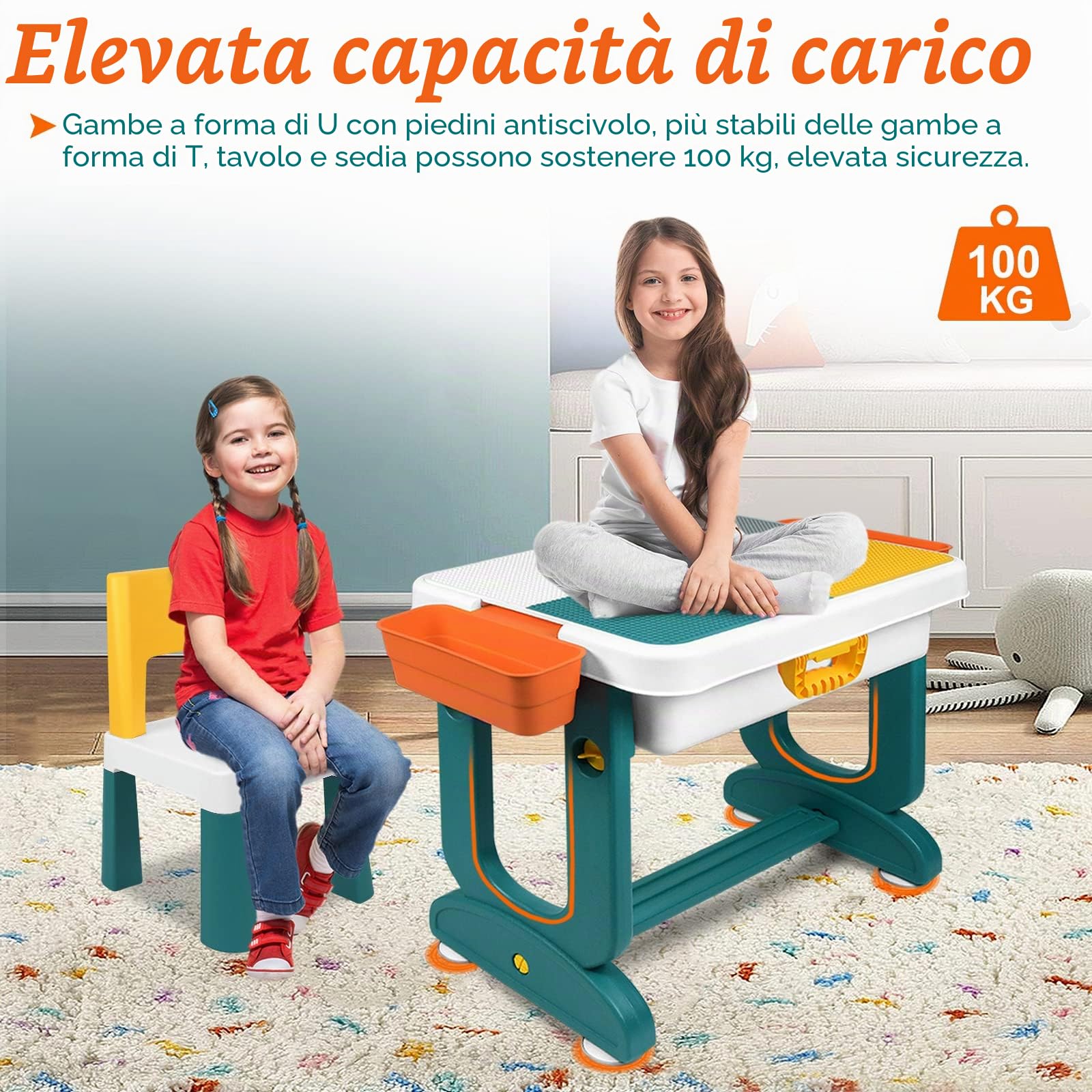 LARS360 Set di mobili per bambini con tavolo e sedie, gruppo multifunzionale con tavolo da costruzione, tavolo per attività a doppio lato, tavolo da gioco per bambini da asilo (fornito con 300