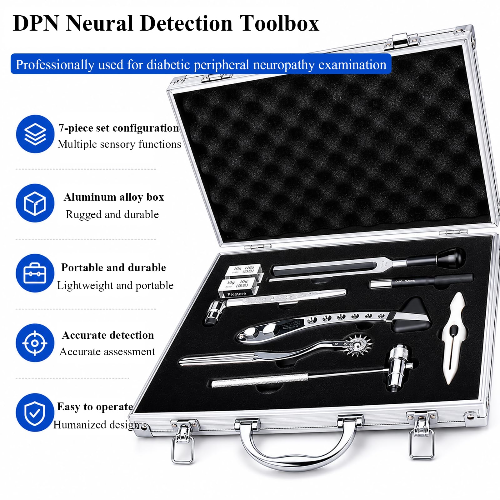 DPN Diagnostic Neurological Examination Kit, 7-teiliges Testset Für Periphere Neuropathie Für Diabetikerfuß-Screening, Nadelstich-, Berührungs-, Temperatur-, Vibrations- Und Reflextests