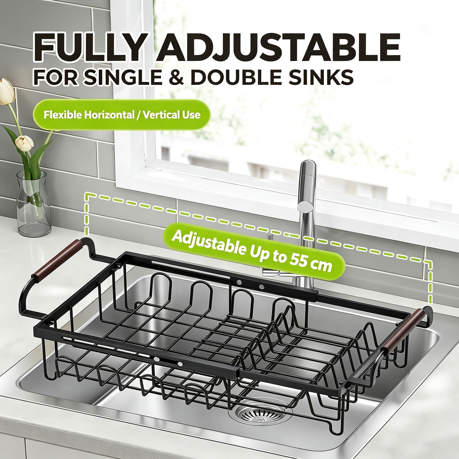 Scolapiatti da Appoggio Portapiatti da Cucina Estensibile Salvaspazio Organizzatore da Cucina in acciaio al carbonio Materiale Antiruggine Portapiatti da Cucina - Nero （39.7-55cm）*28.8*15cm