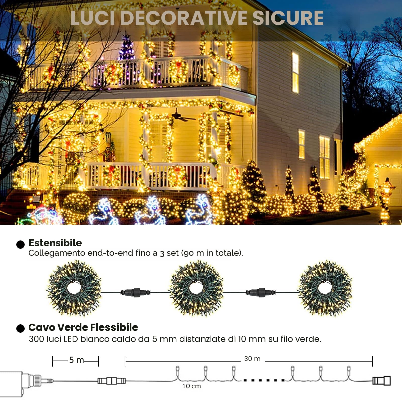 Luci Albero di Natale, 30M 300LED Luci Natale Esterno Collegabile in Serie, Timer & IP65 Luci Natalizie da Esterno con Spina, 8 Modalità Luci Led Albero di Natale da Interno, Balcone, Catena Luminosa