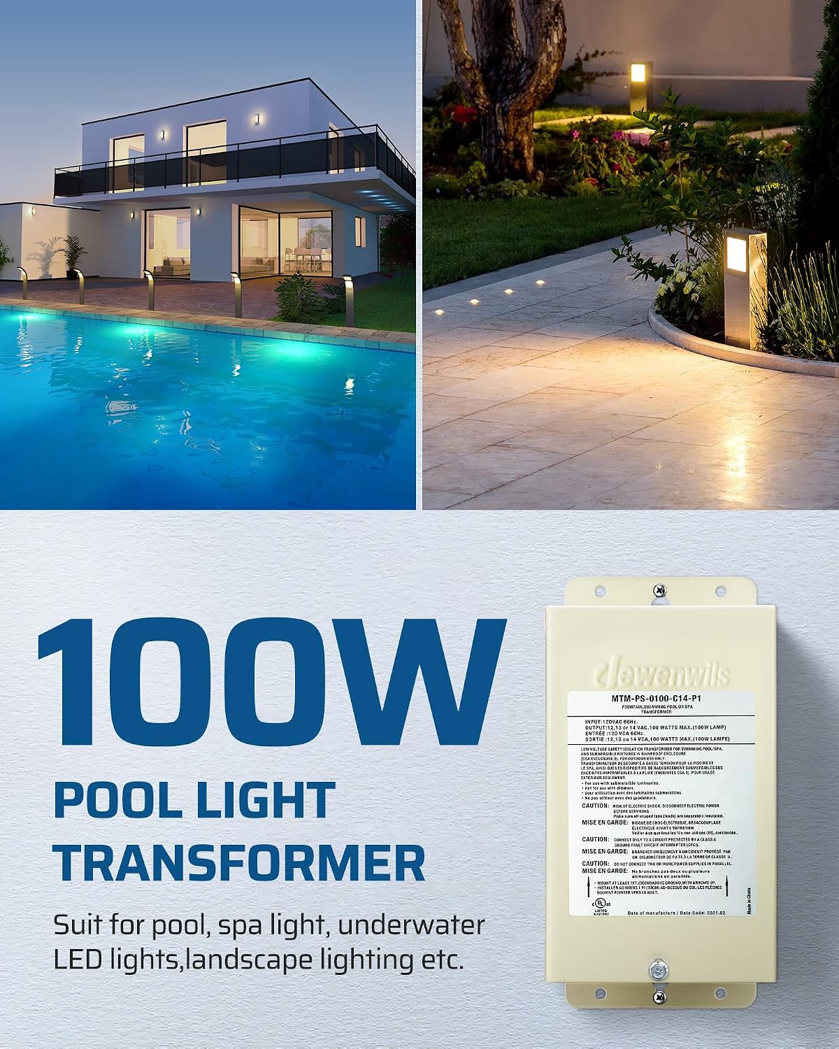 DEWENWILS 100W Low Voltage Pool Light Transformer, 120V AC to 12V/13V/14V AC, Multi-tap Safety Transformer