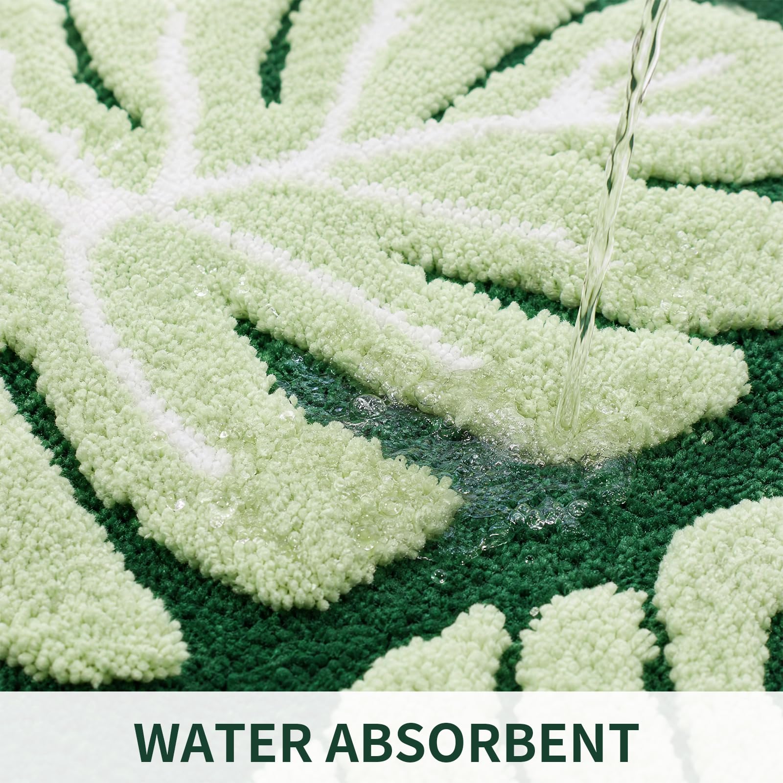 BLESWIN Tapis de Salle de Bain à Motif de Feuilles, 60 × 90 cm, Tapis de Salle de Bain antidérapant et Moelleux, fabriqué en Microfibres duveteuses, adapté à la Douche et à la Chambre,(Vert foncé)